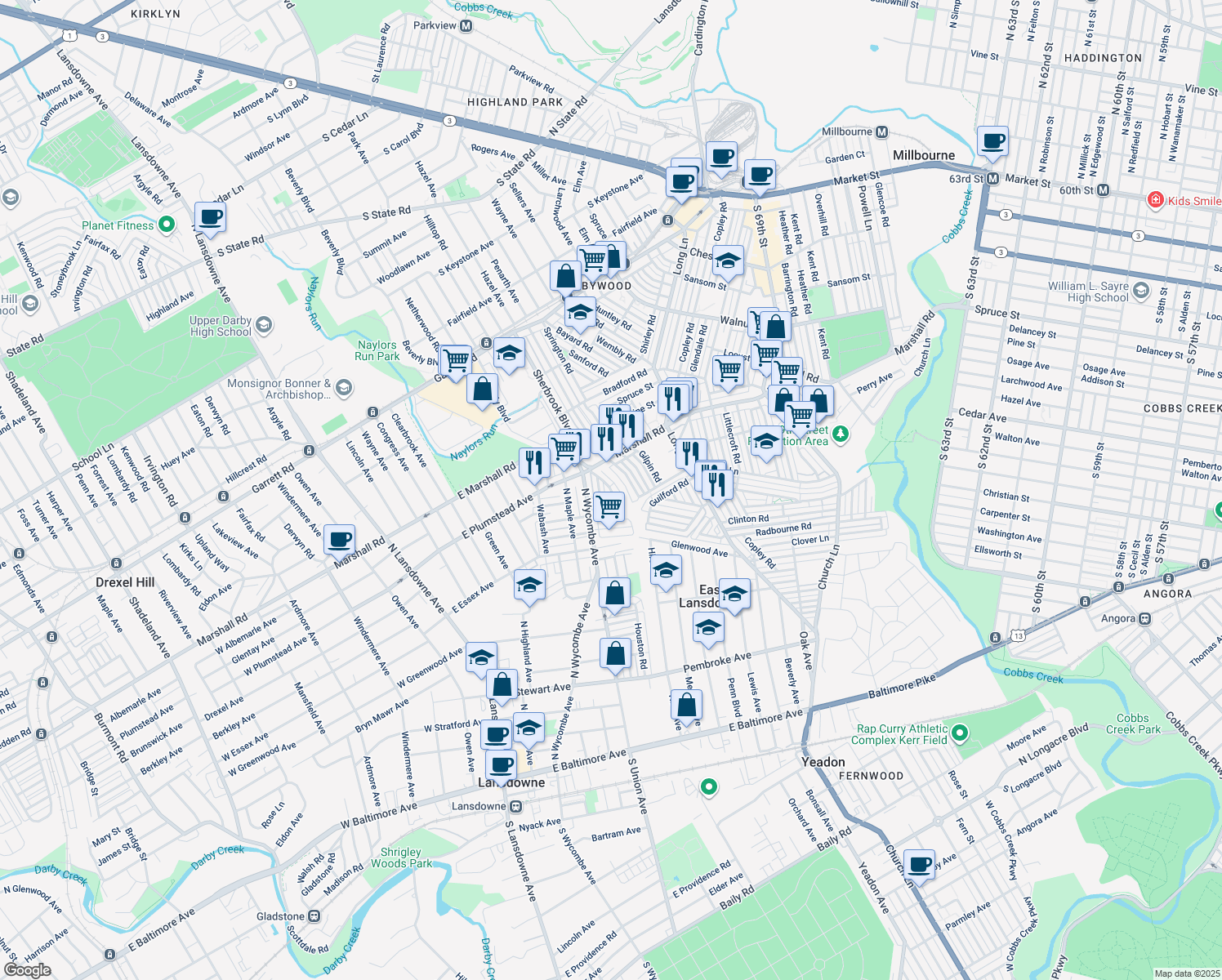 map of restaurants, bars, coffee shops, grocery stores, and more near 241 Coverly Road in Lansdowne