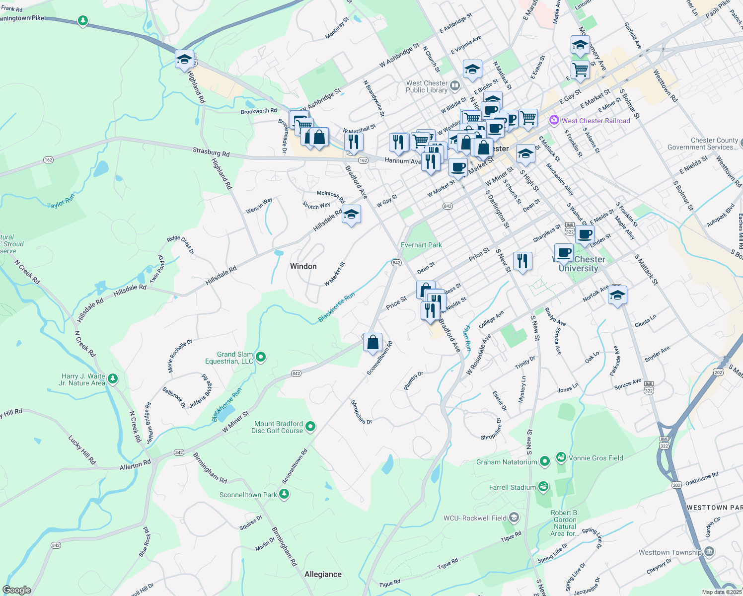 map of restaurants, bars, coffee shops, grocery stores, and more near 712 Mercers Mill Lane in West Chester