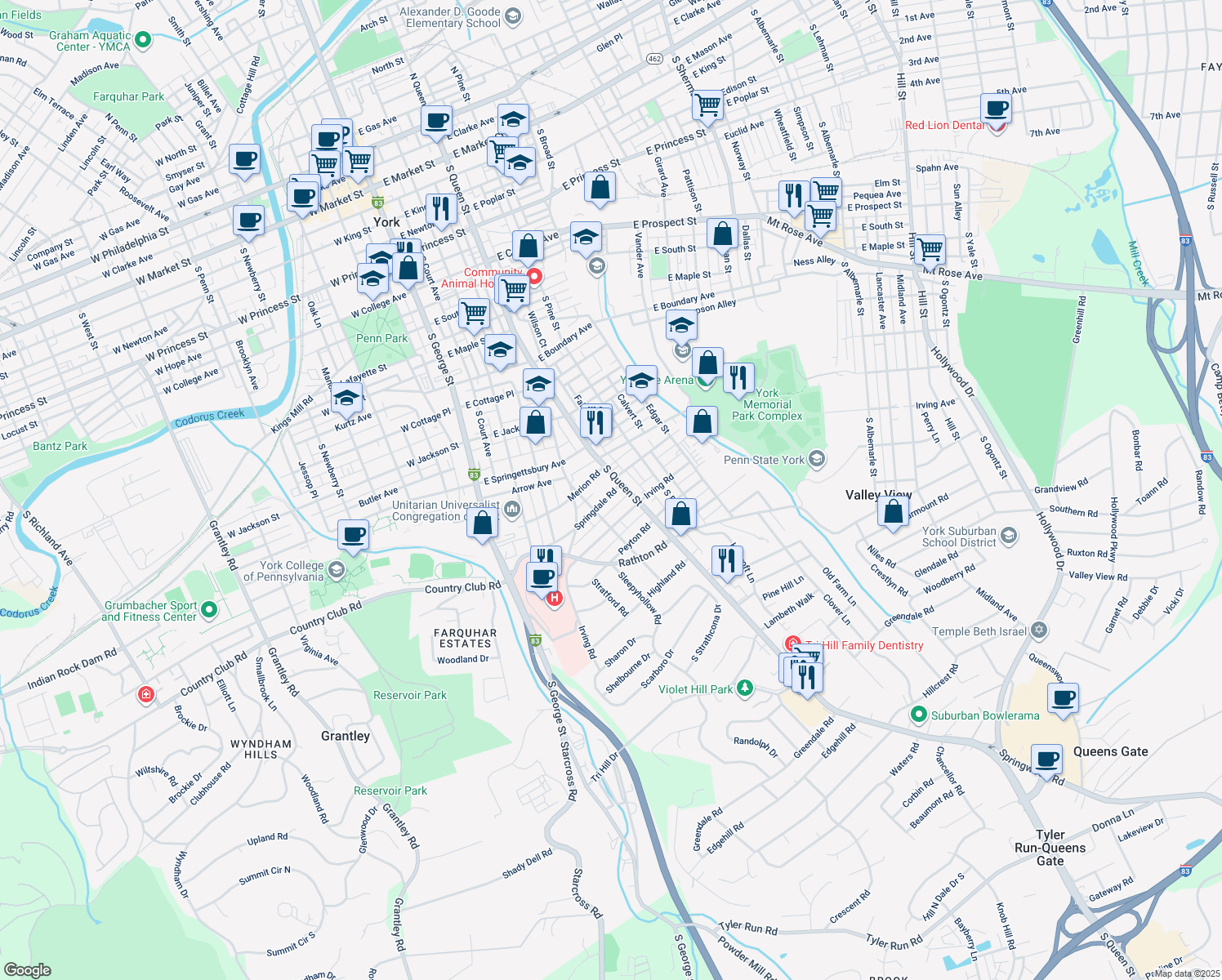 map of restaurants, bars, coffee shops, grocery stores, and more near 171 Springdale Road in York