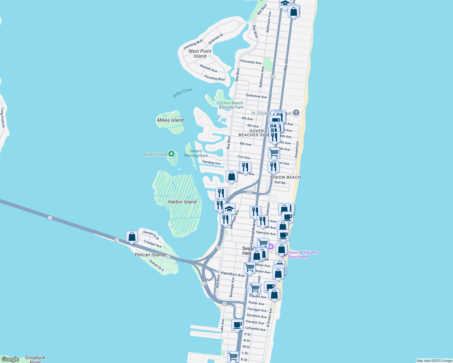map of restaurants, bars, coffee shops, grocery stores, and more near 1639 Bay Boulevard in Seaside Heights