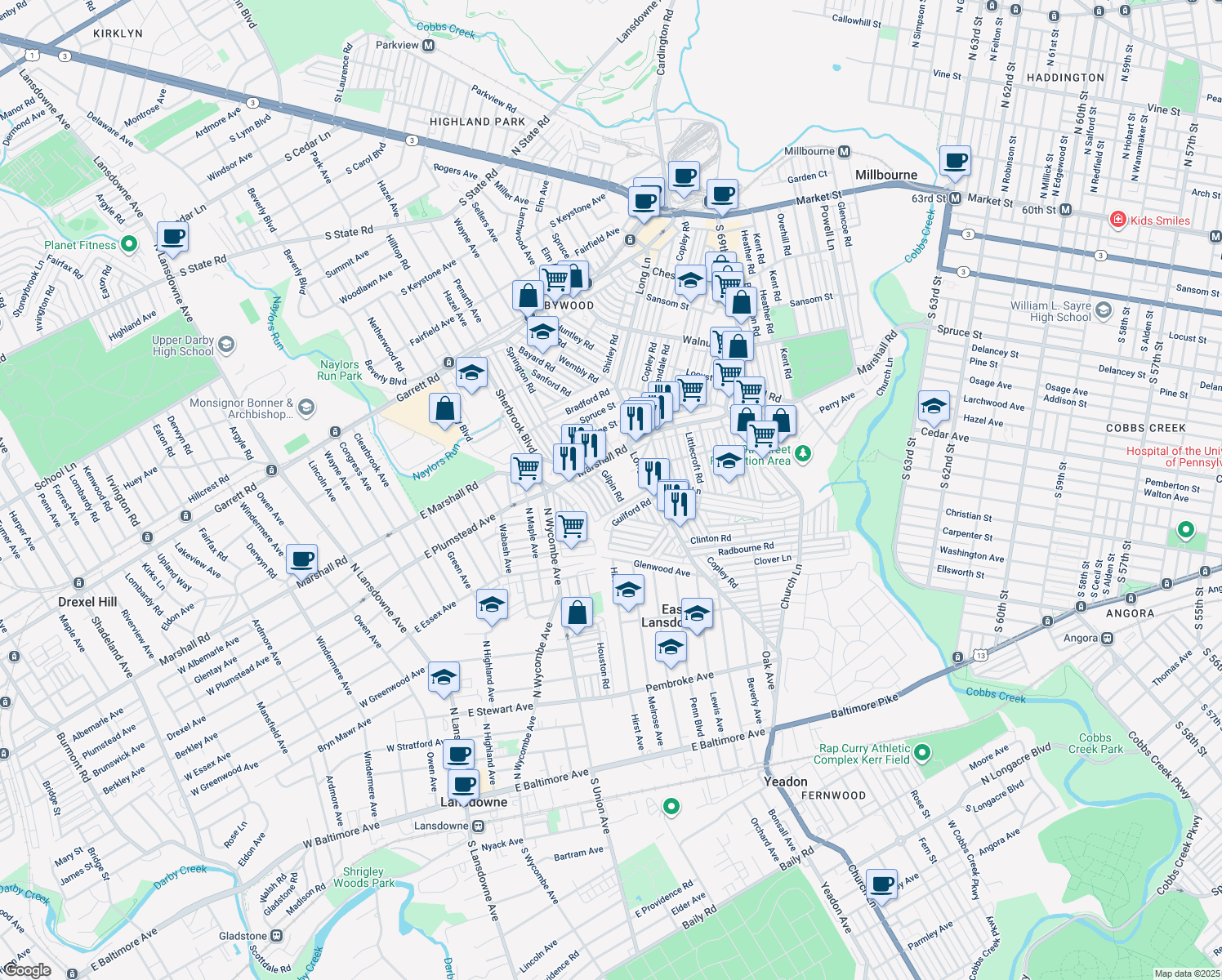 map of restaurants, bars, coffee shops, grocery stores, and more near 52 Gilpin Road in Upper Darby