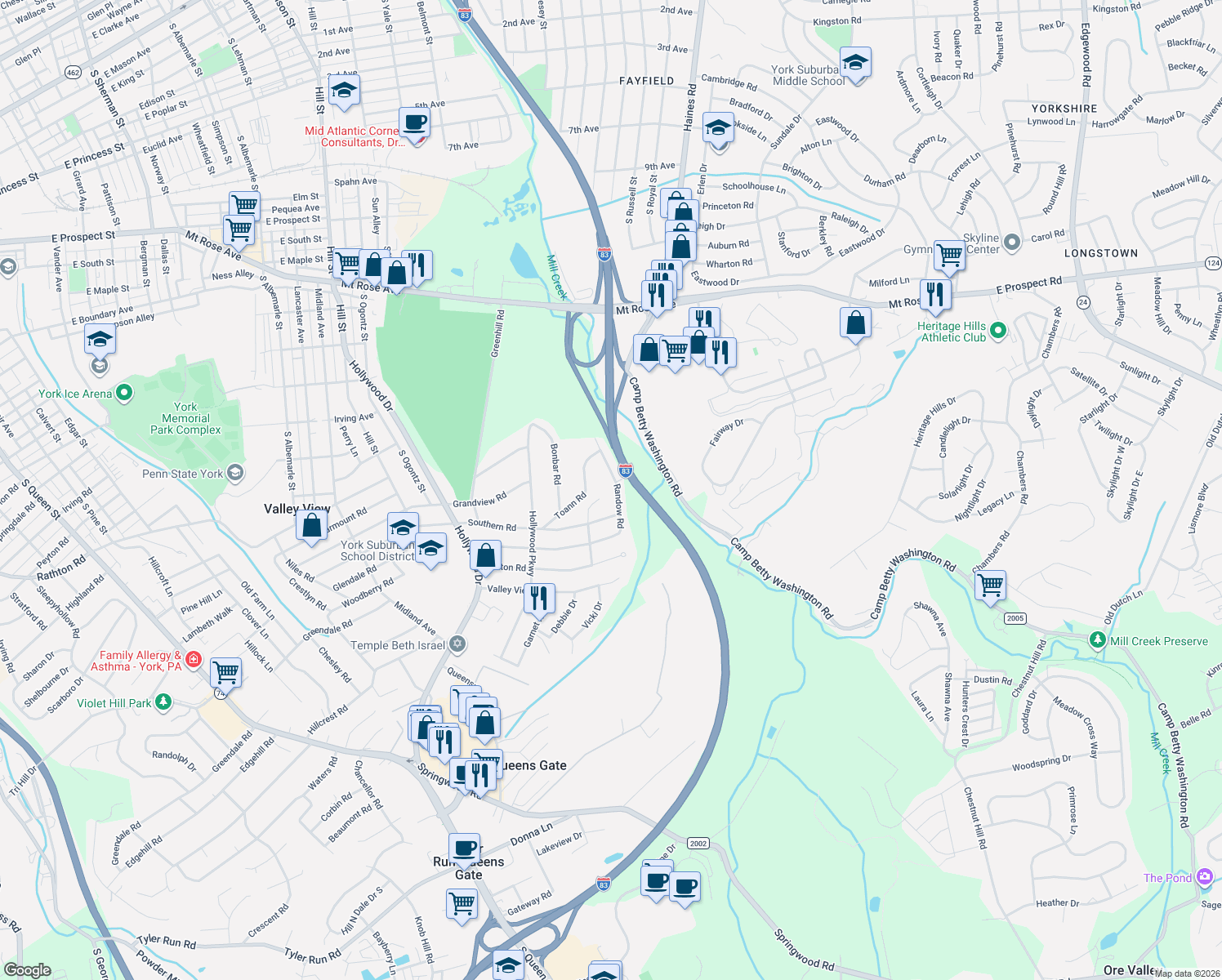 map of restaurants, bars, coffee shops, grocery stores, and more near 1590 Randow Road in York