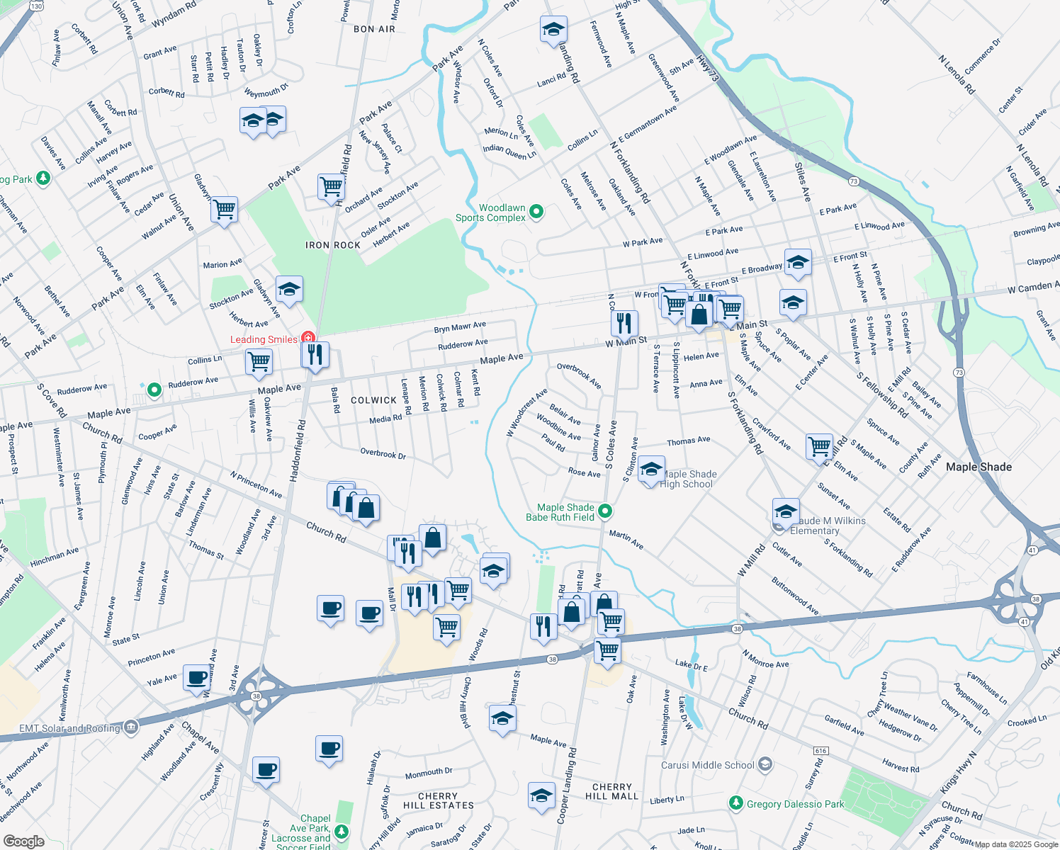 map of restaurants, bars, coffee shops, grocery stores, and more near 5 Paul Rd in Maple Shade