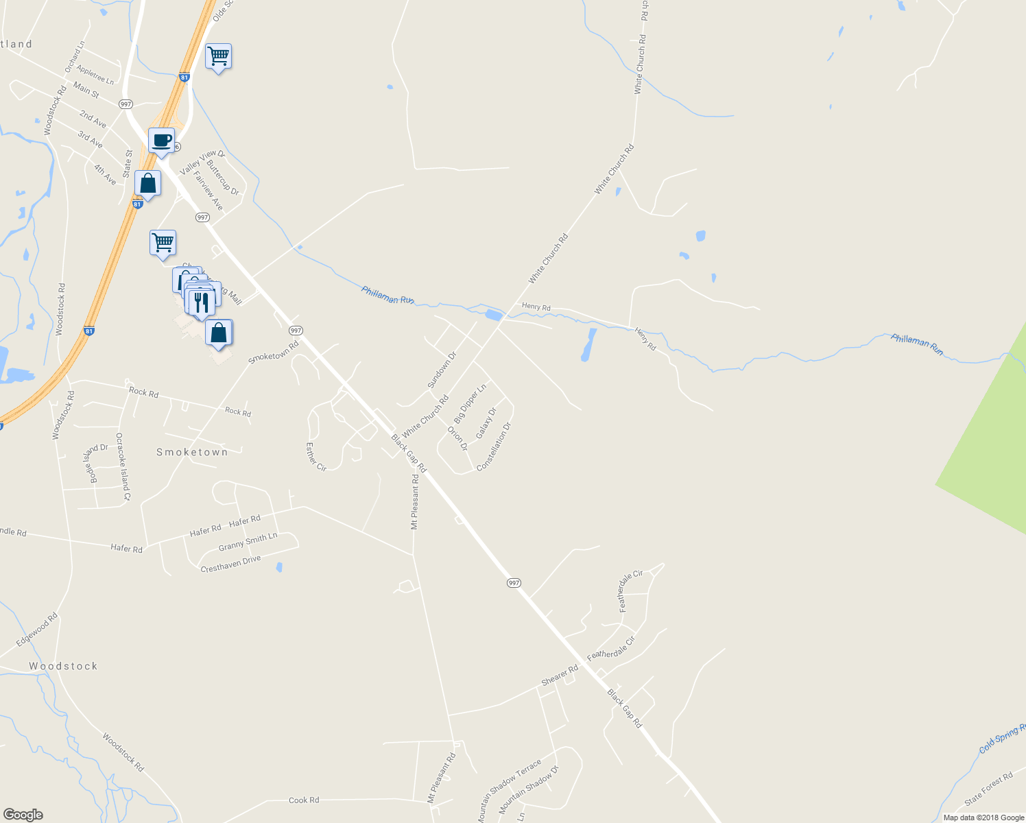 map of restaurants, bars, coffee shops, grocery stores, and more near 2941 Constellation Drive in Chambersburg
