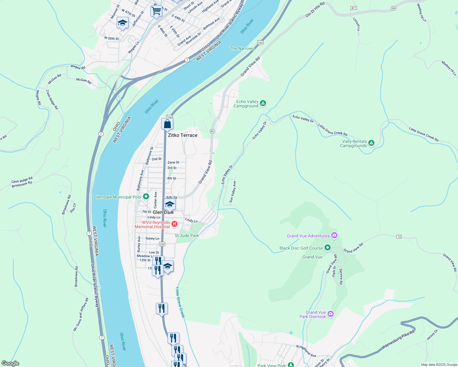 map of restaurants, bars, coffee shops, grocery stores, and more near 72 Sun Valley in Glen Dale