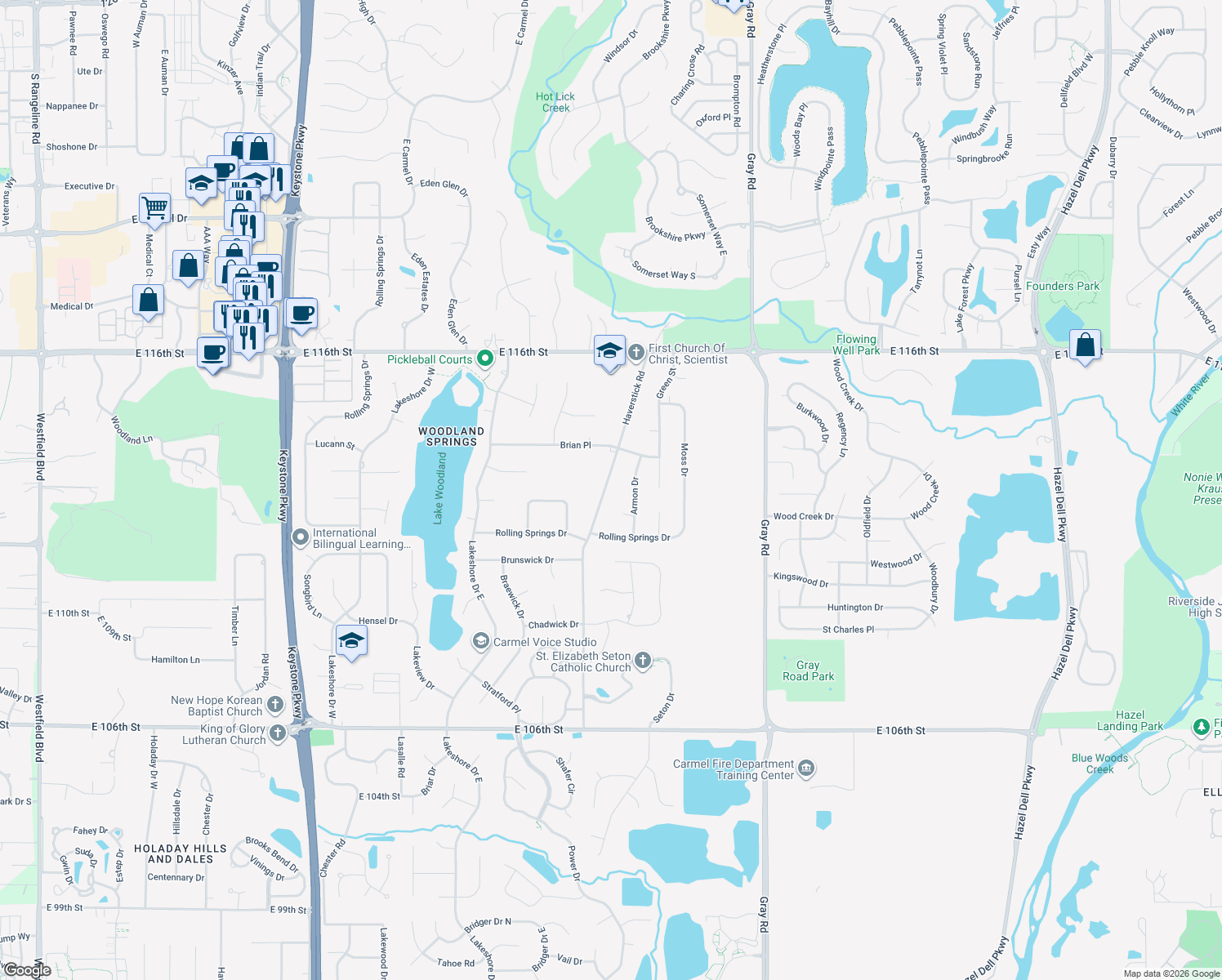 map of restaurants, bars, coffee shops, grocery stores, and more near 11205 Haverstick Road in Carmel