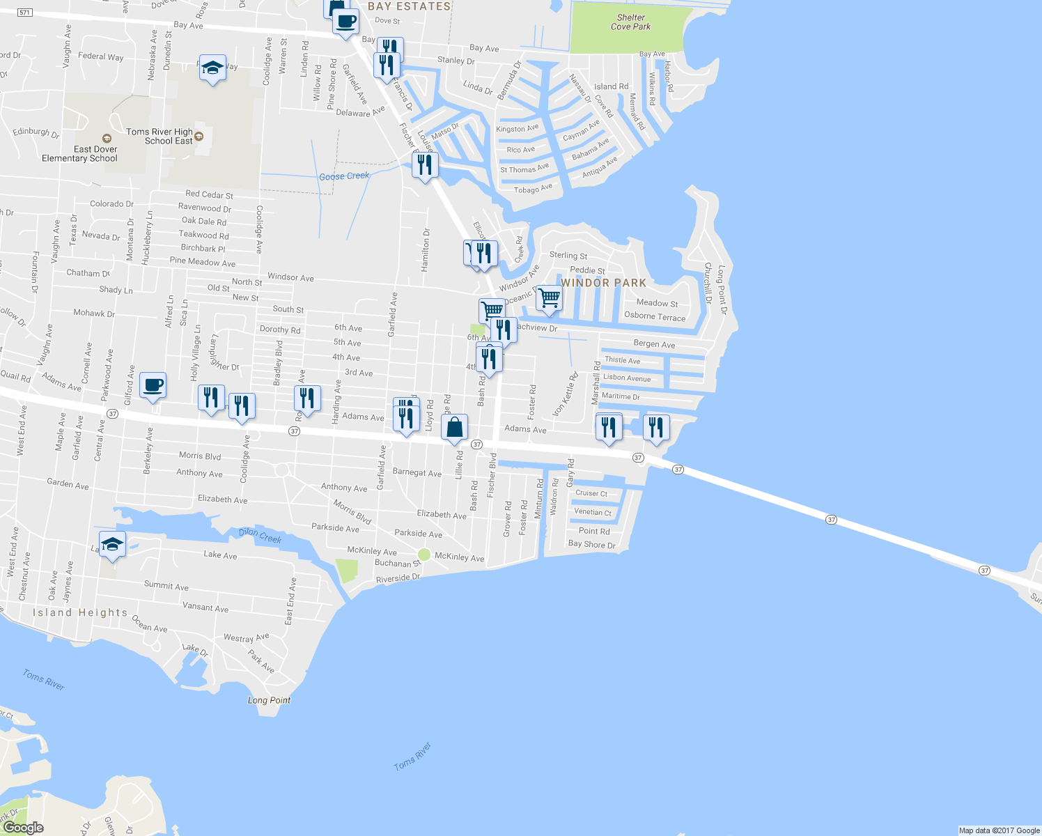 map of restaurants, bars, coffee shops, grocery stores, and more near 3115 Victor Avenue in Toms River