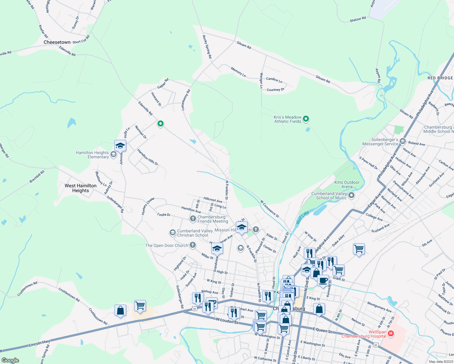 map of restaurants, bars, coffee shops, grocery stores, and more near 1511 North Franklin Street in Franklin County