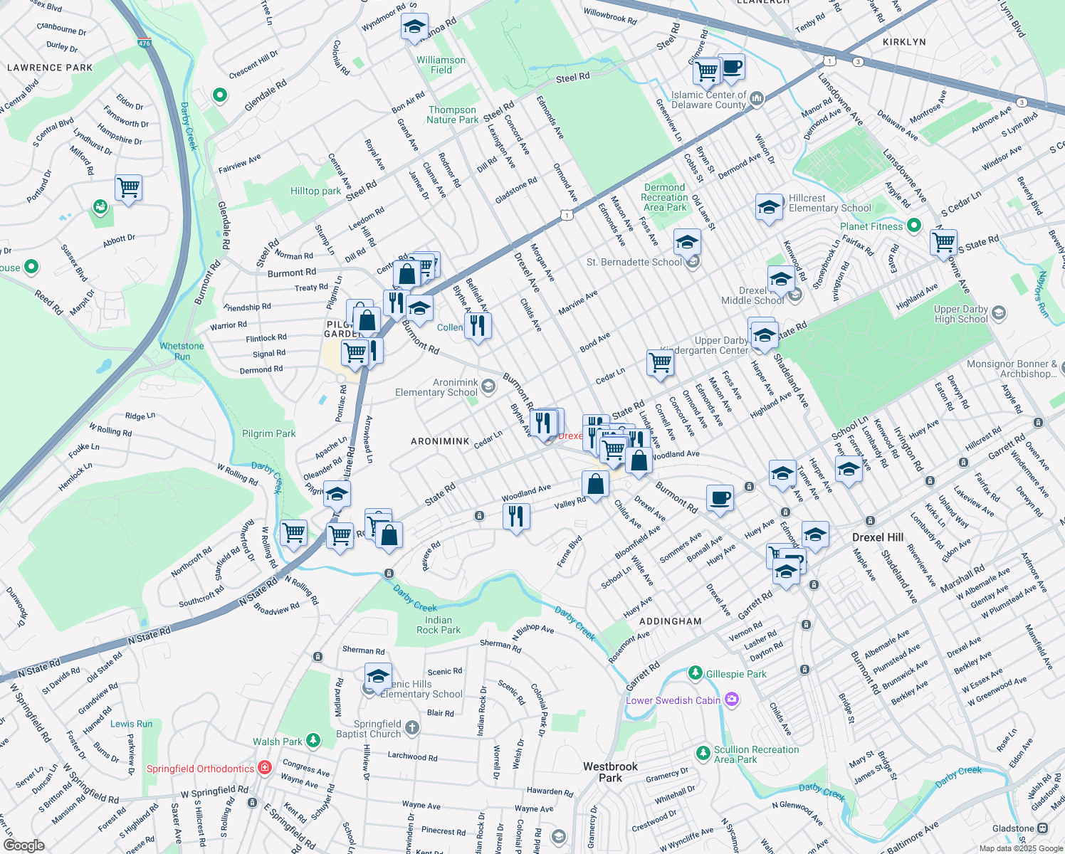 map of restaurants, bars, coffee shops, grocery stores, and more near 837 Blythe Avenue in Drexel Hill