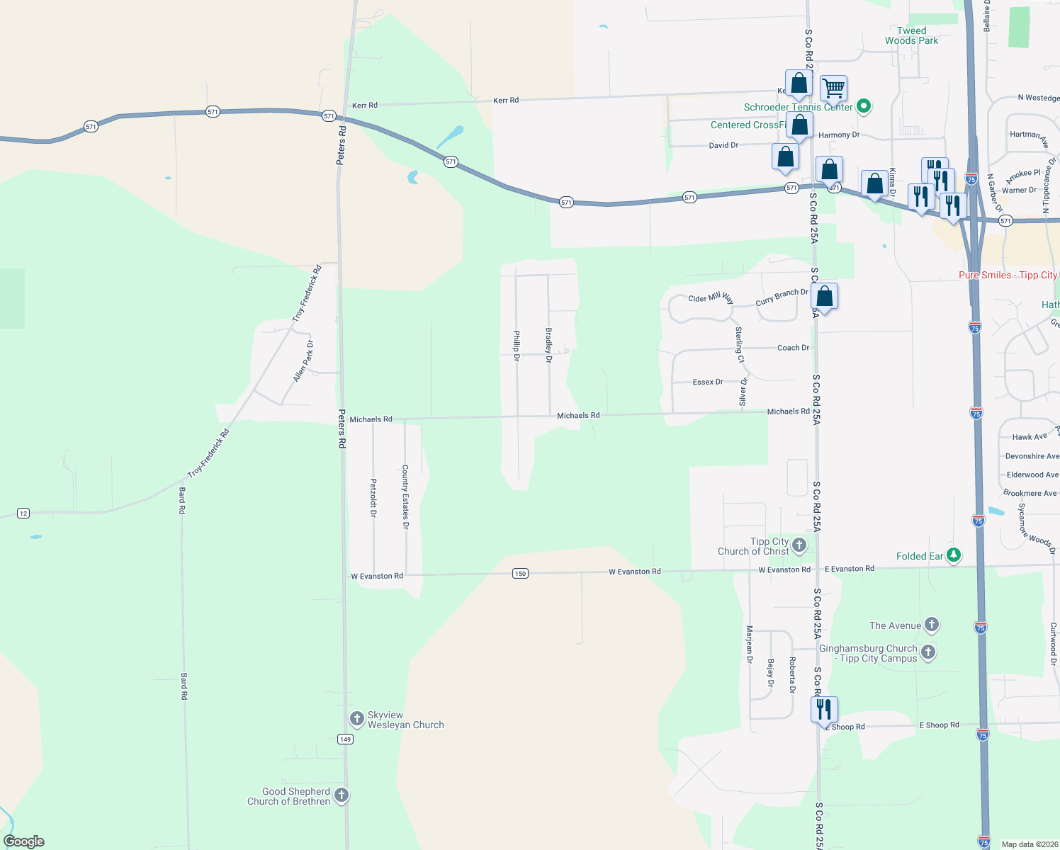 map of restaurants, bars, coffee shops, grocery stores, and more near 910 Michaels Road in Tipp City