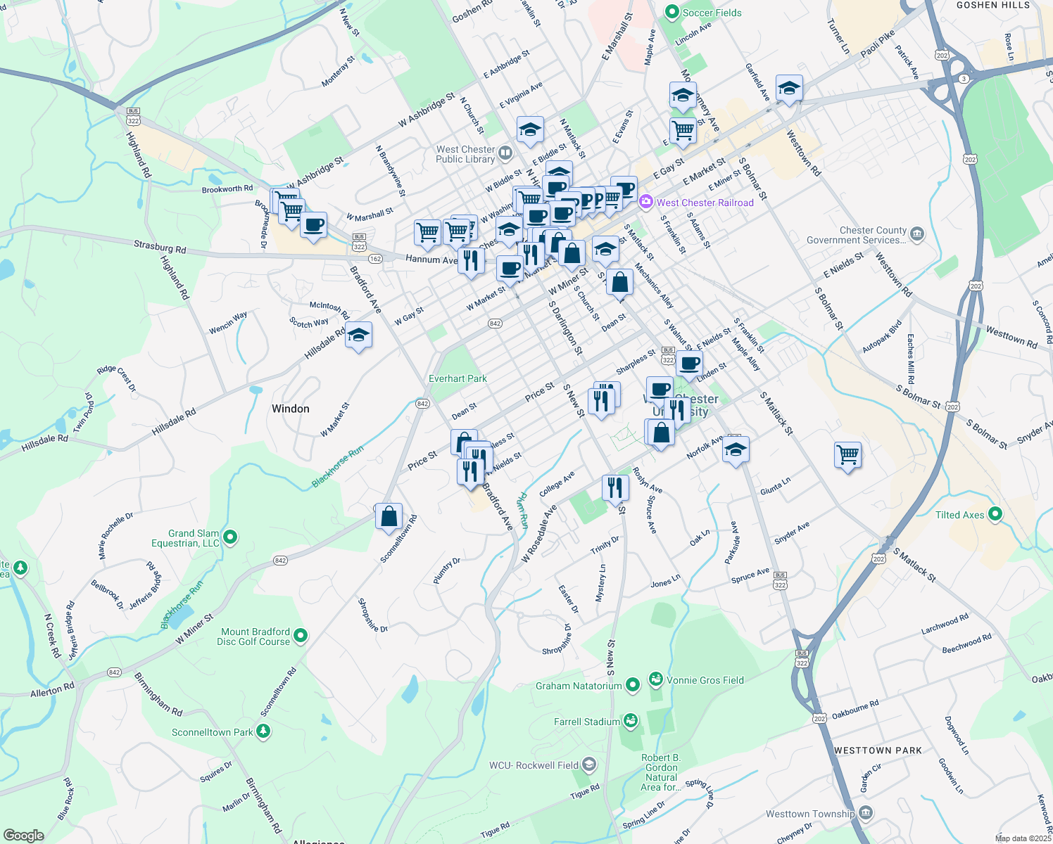 map of restaurants, bars, coffee shops, grocery stores, and more near 435 Sharpless Street in West Chester