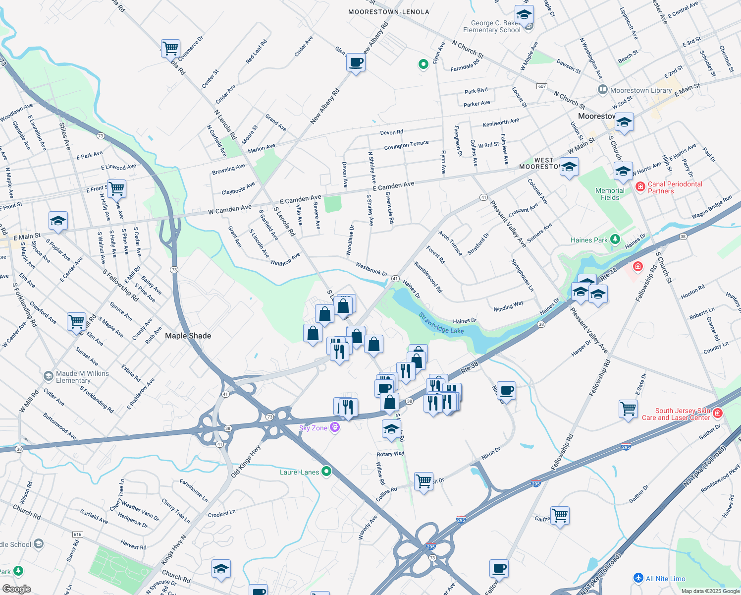 map of restaurants, bars, coffee shops, grocery stores, and more near 113 Kings Highway in Moorestown