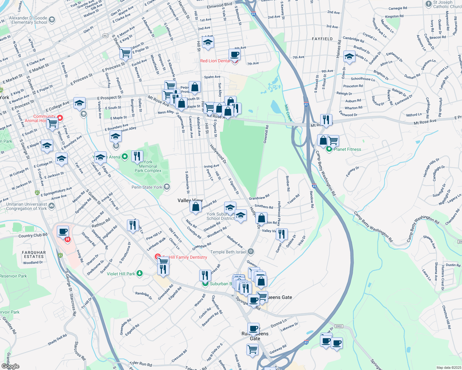 map of restaurants, bars, coffee shops, grocery stores, and more near 1316 South Ogontz Street in York