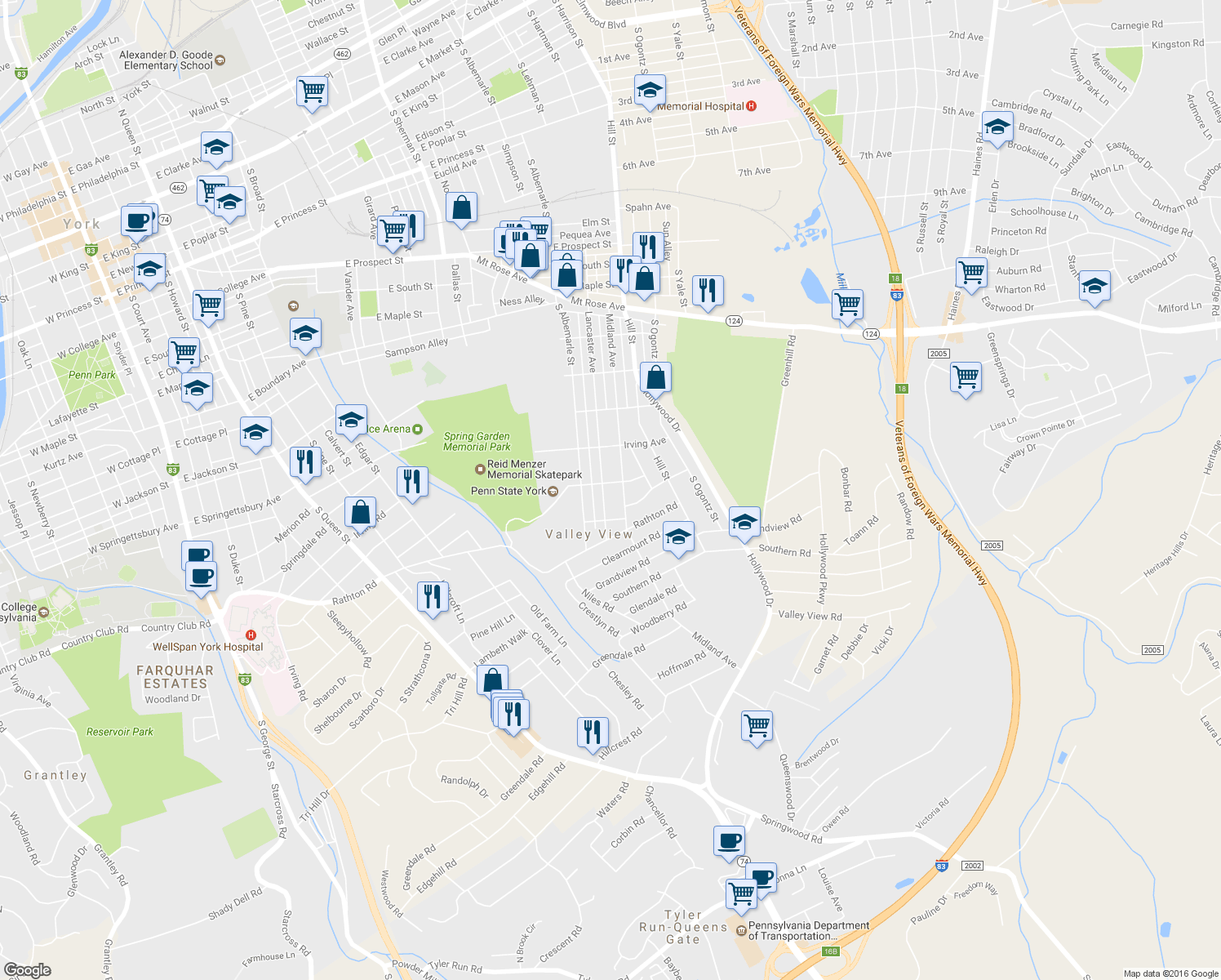 map of restaurants, bars, coffee shops, grocery stores, and more near 1213 Lancaster Avenue in York