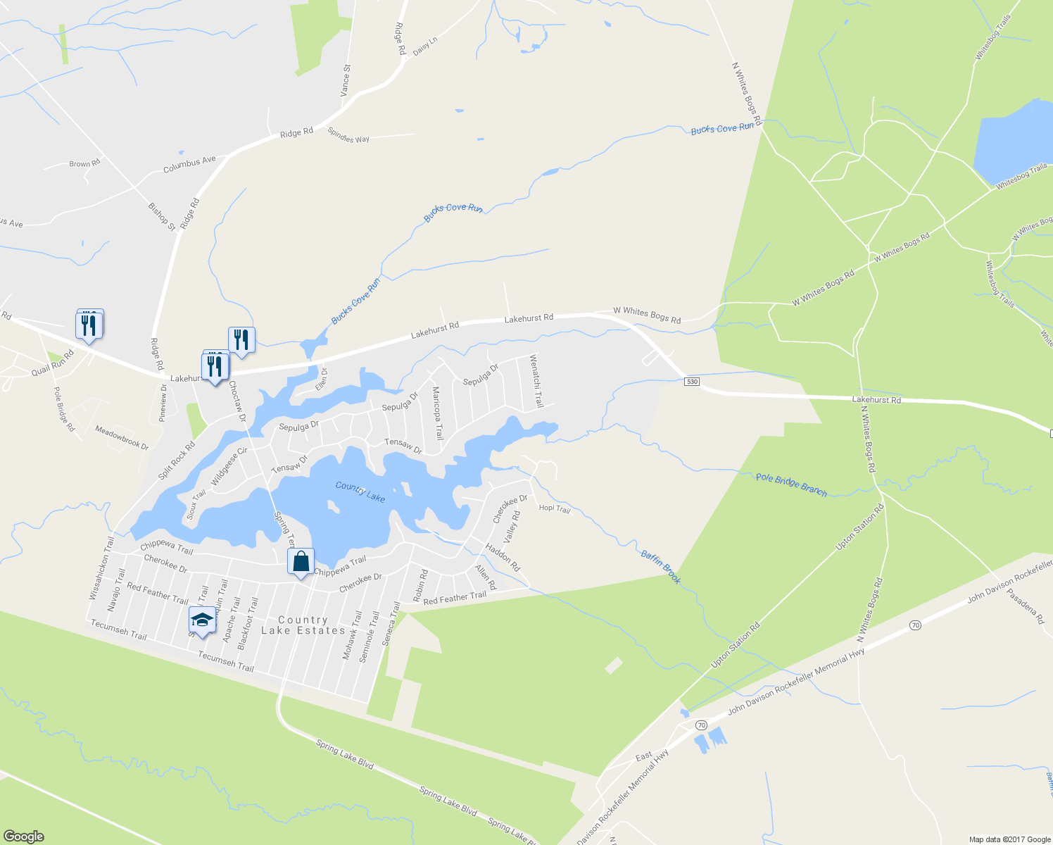 map of restaurants, bars, coffee shops, grocery stores, and more near 110 Tensaw Drive in Pemberton Township