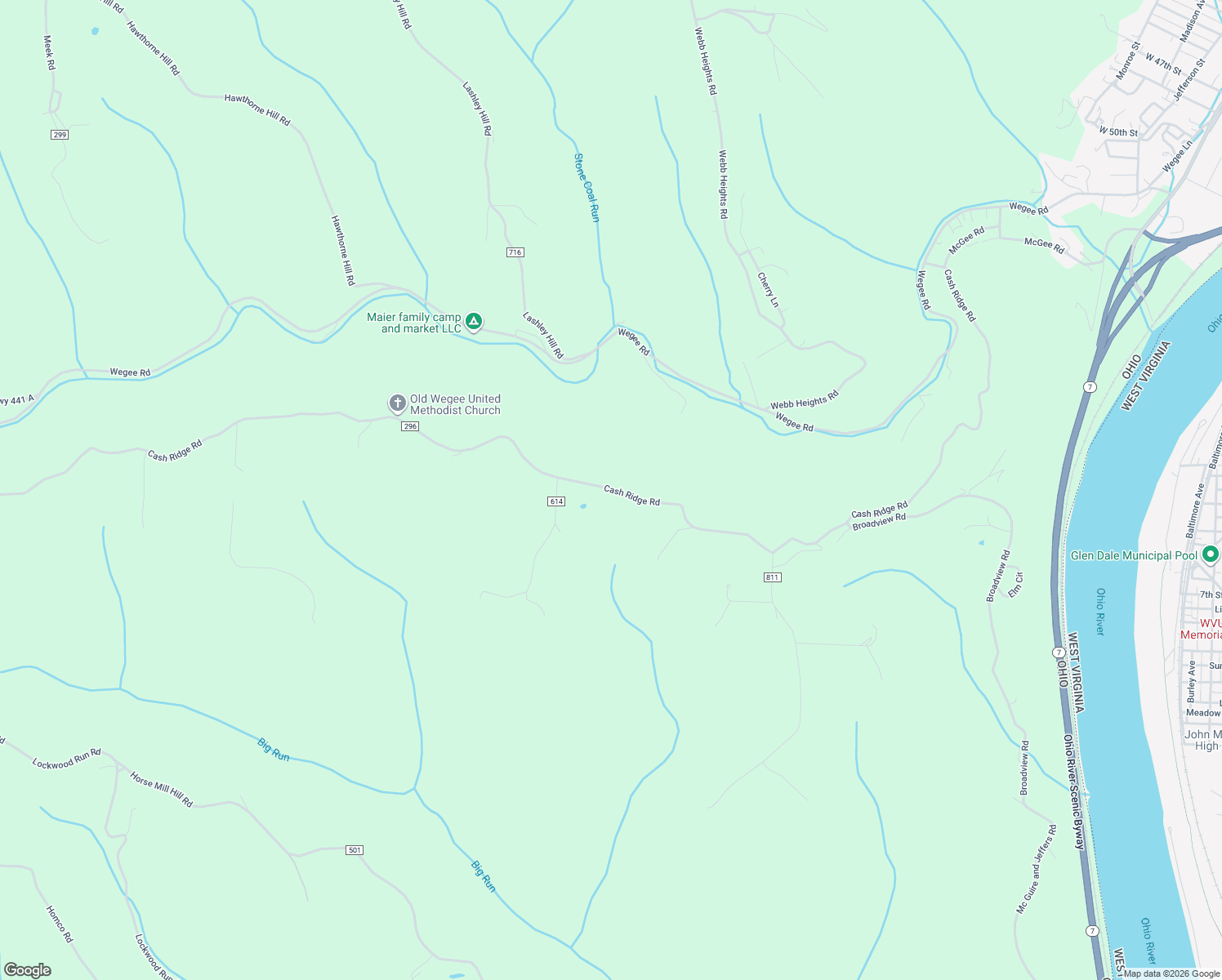 map of restaurants, bars, coffee shops, grocery stores, and more near 55389 Cash Ridge Road in Shadyside