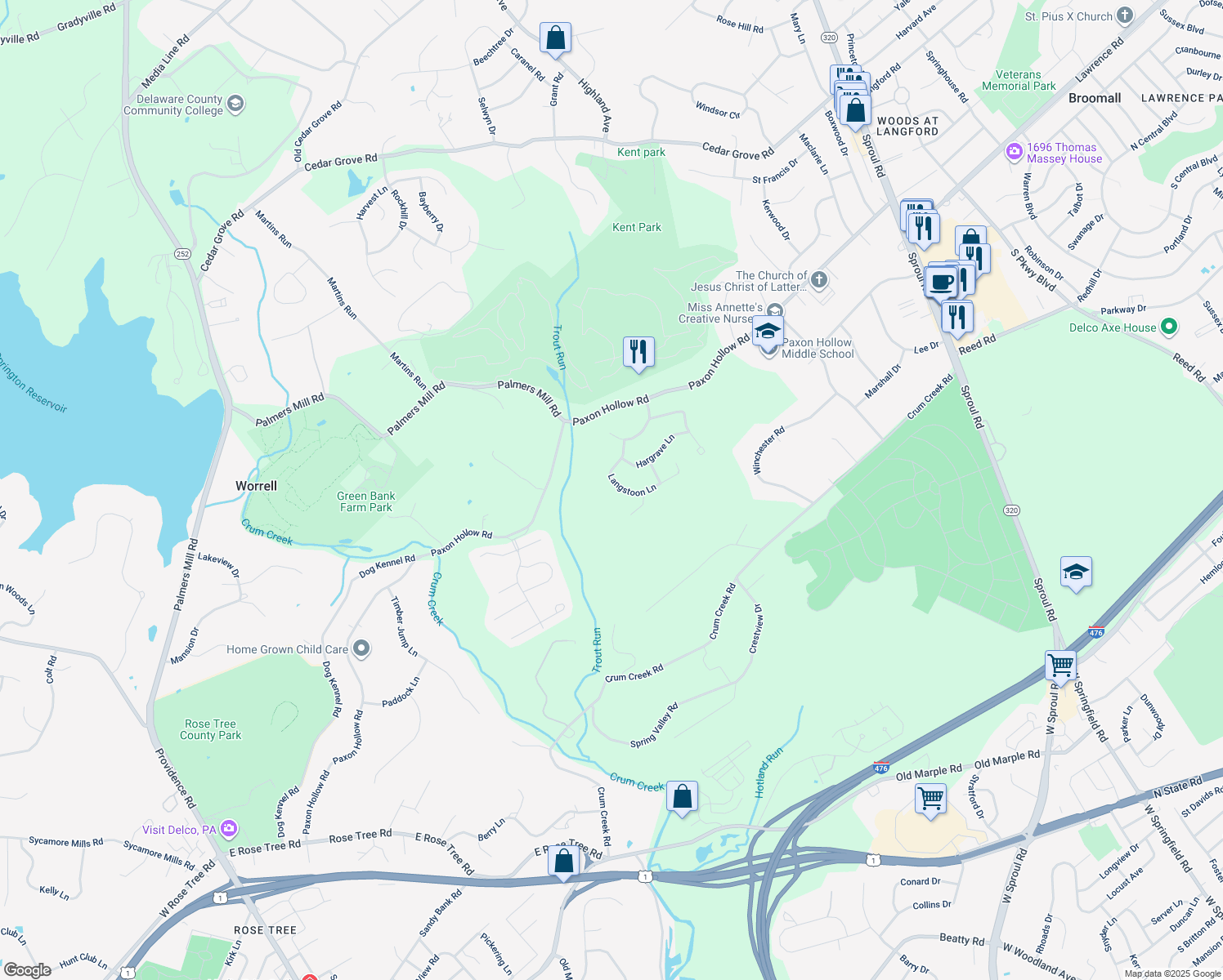 map of restaurants, bars, coffee shops, grocery stores, and more near 33 Langstoon Lane in Media
