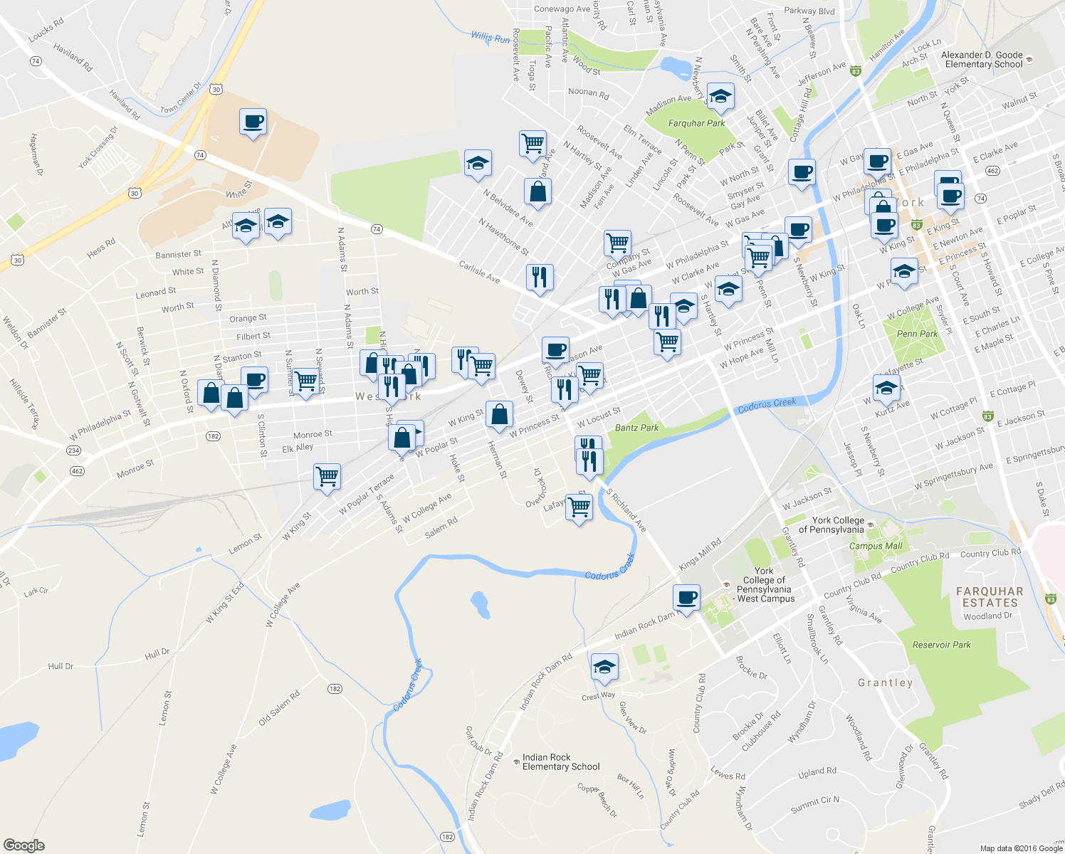 map of restaurants, bars, coffee shops, grocery stores, and more near 1114 West Princess Street in York