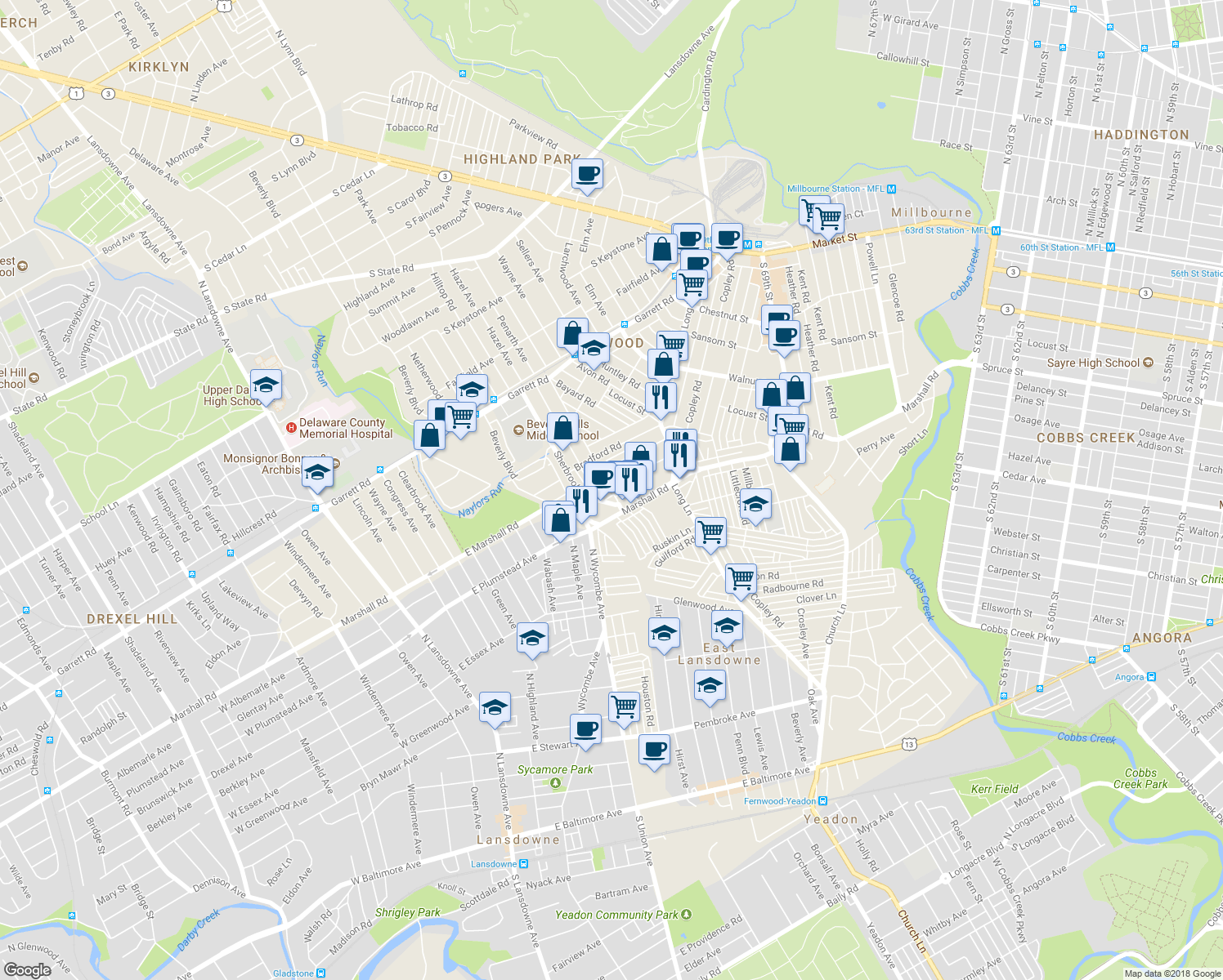 map of restaurants, bars, coffee shops, grocery stores, and more near 139 Springton Road in Upper Darby
