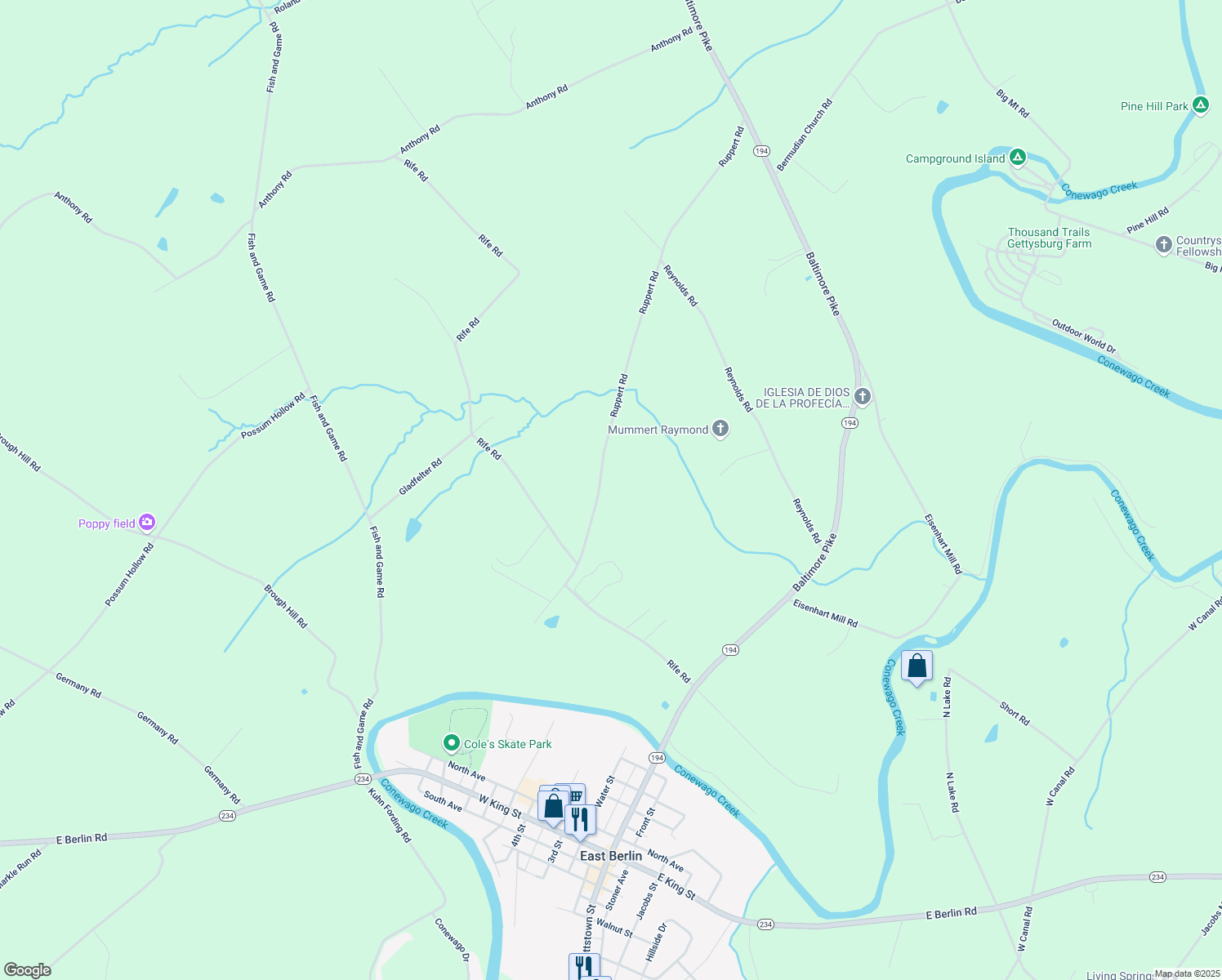 map of restaurants, bars, coffee shops, grocery stores, and more near 105 Ruppert Road in East Berlin