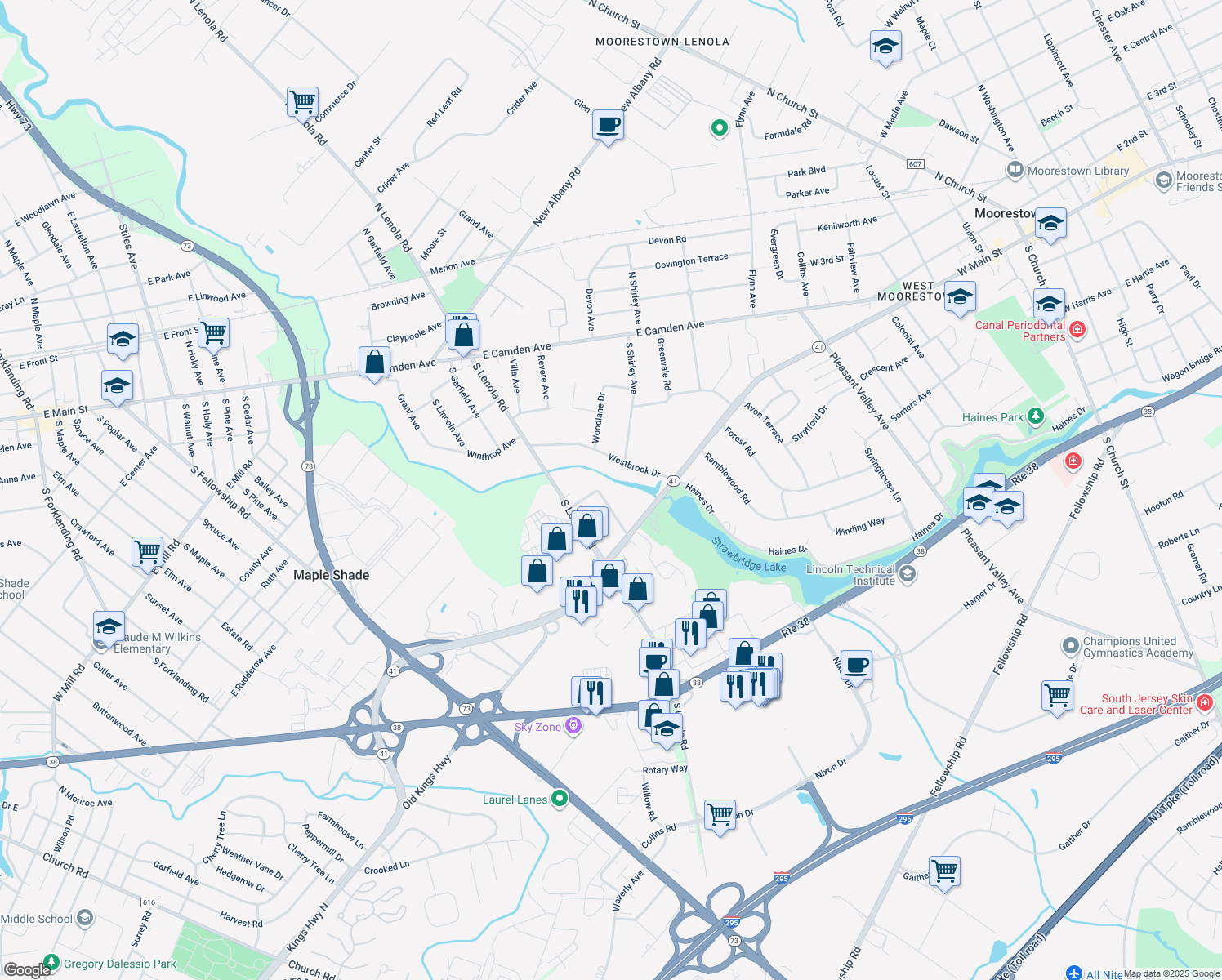 map of restaurants, bars, coffee shops, grocery stores, and more near 512 Regenhard Ave in Moorestown