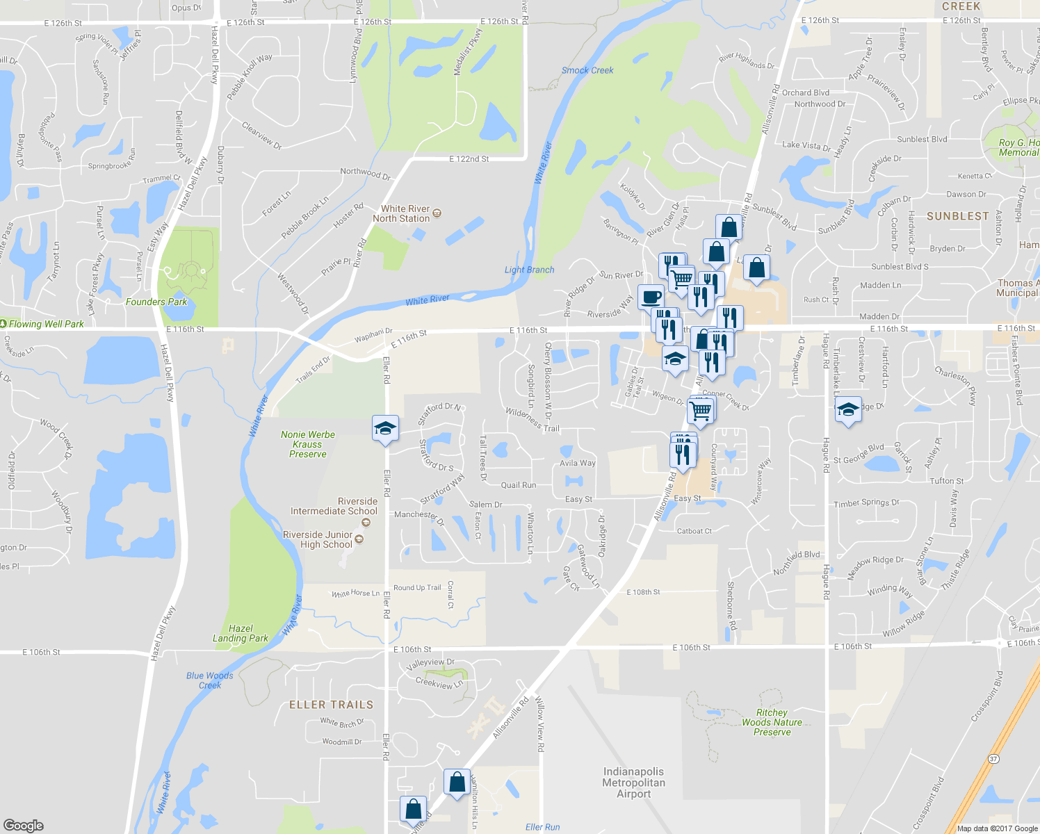 map of restaurants, bars, coffee shops, grocery stores, and more near 11338 Wilderness Trail in Fishers