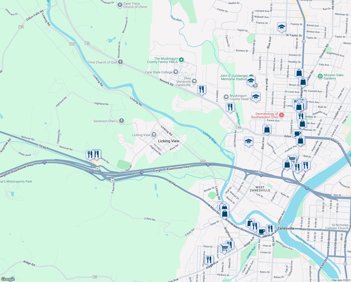 map of restaurants, bars, coffee shops, grocery stores, and more near 2060 Licking Road in Zanesville
