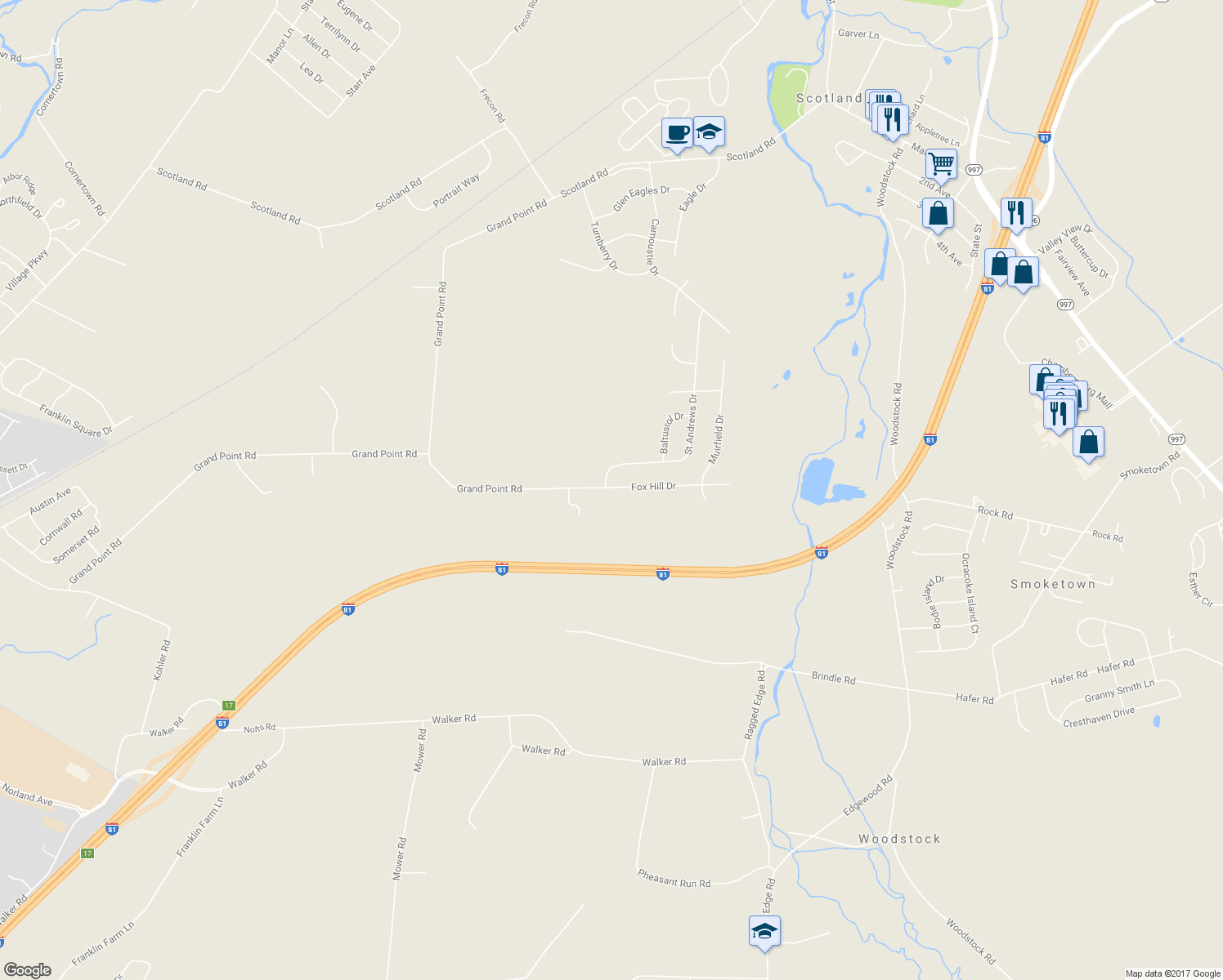 map of restaurants, bars, coffee shops, grocery stores, and more near 3382 Fox Hill Drive in Chambersburg