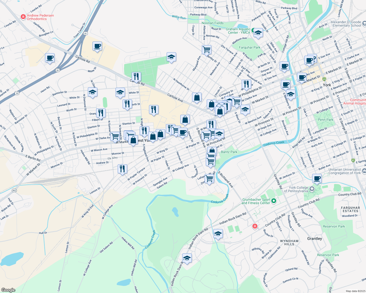 map of restaurants, bars, coffee shops, grocery stores, and more near 1221 West Poplar Street in York