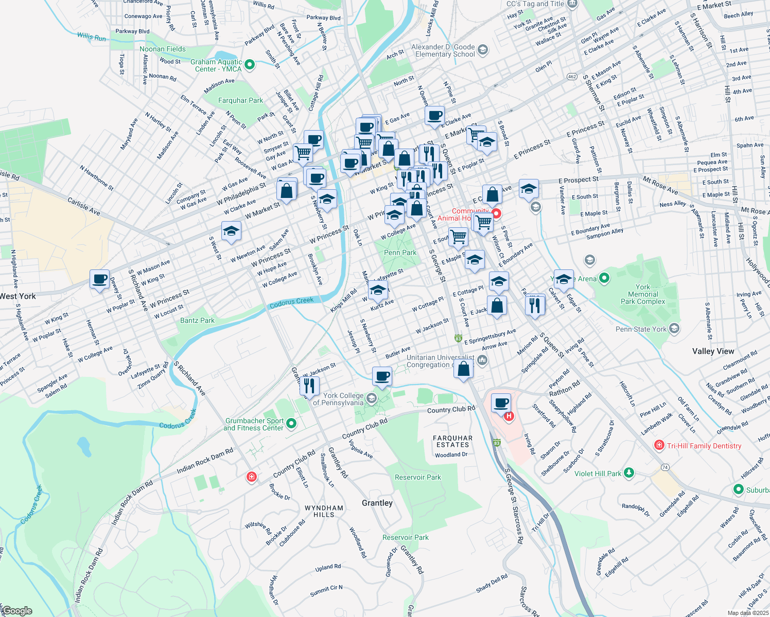 map of restaurants, bars, coffee shops, grocery stores, and more near 226 Kurtz Avenue in York