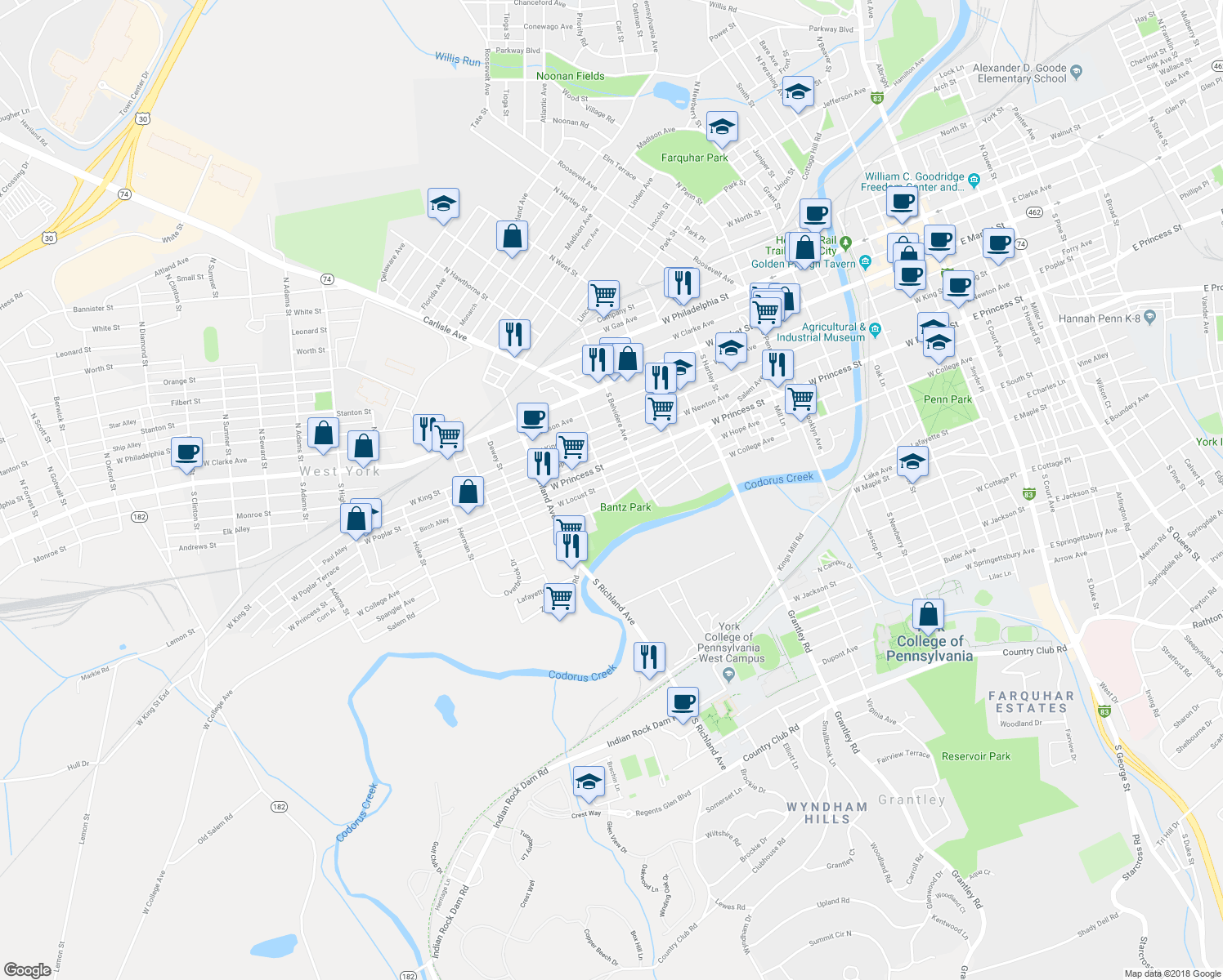 map of restaurants, bars, coffee shops, grocery stores, and more near 759 Salem Avenue in York