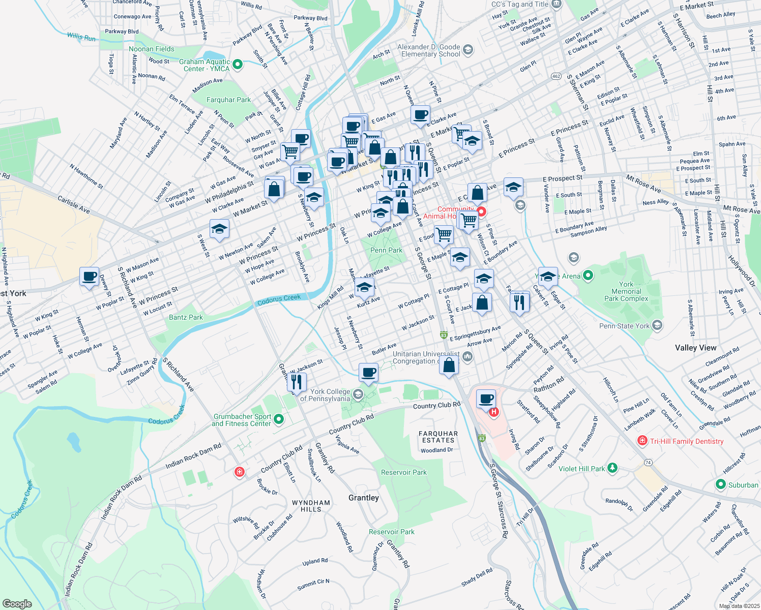 map of restaurants, bars, coffee shops, grocery stores, and more near 620 South Pershing Avenue in York