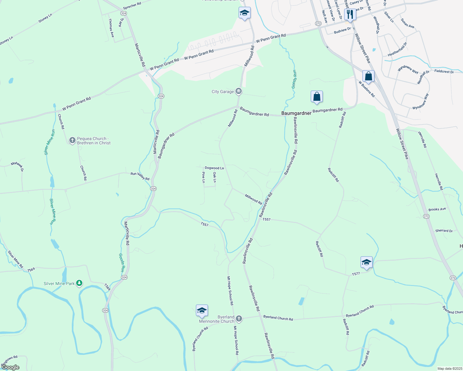 map of restaurants, bars, coffee shops, grocery stores, and more near 1290 Millwood Road in Willow Street