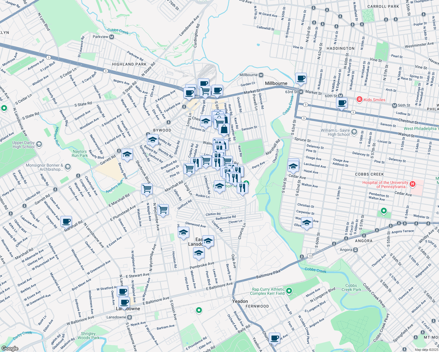map of restaurants, bars, coffee shops, grocery stores, and more near 423 Timberlake Road in Upper Darby