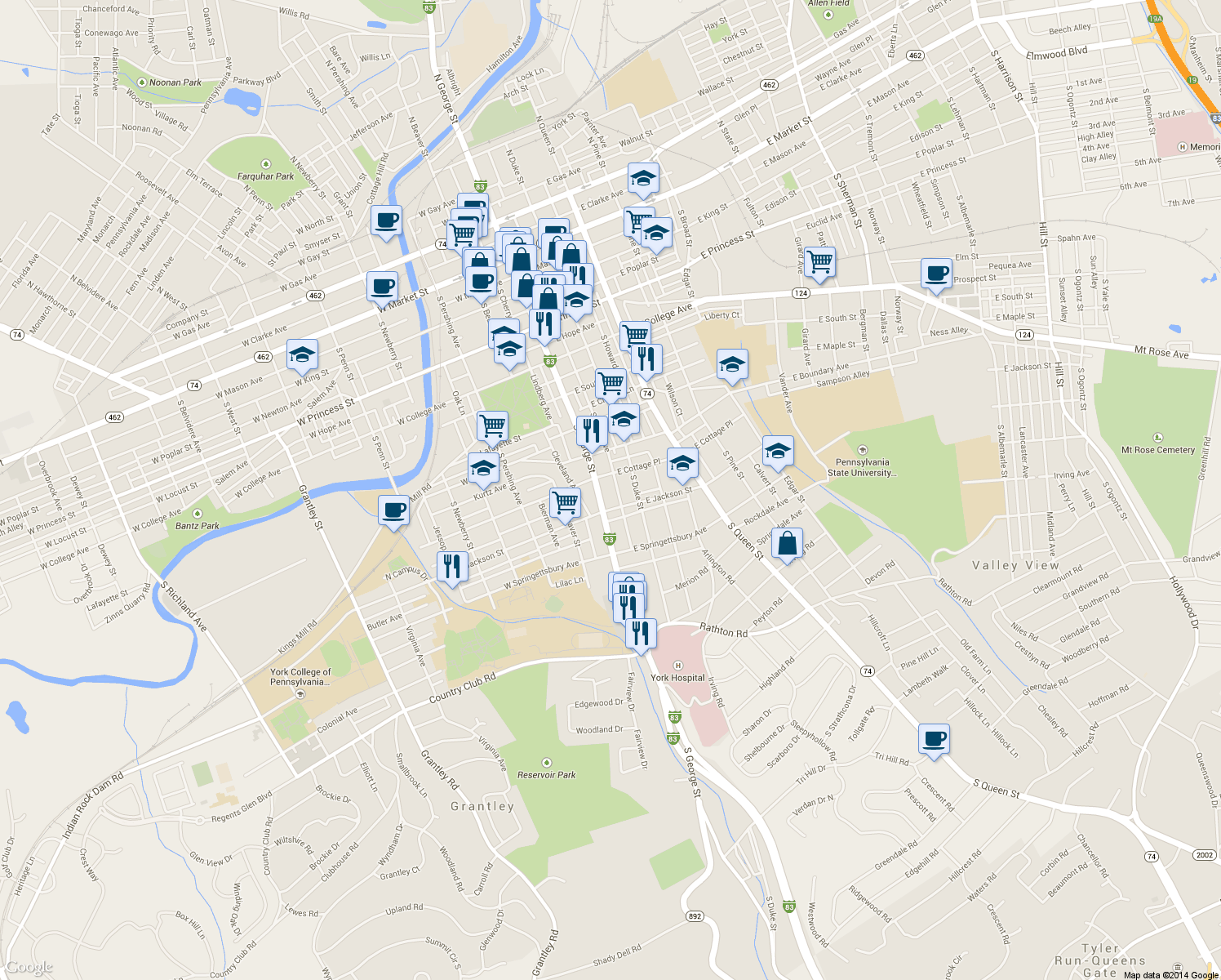 map of restaurants, bars, coffee shops, grocery stores, and more near 727 South George Street in York