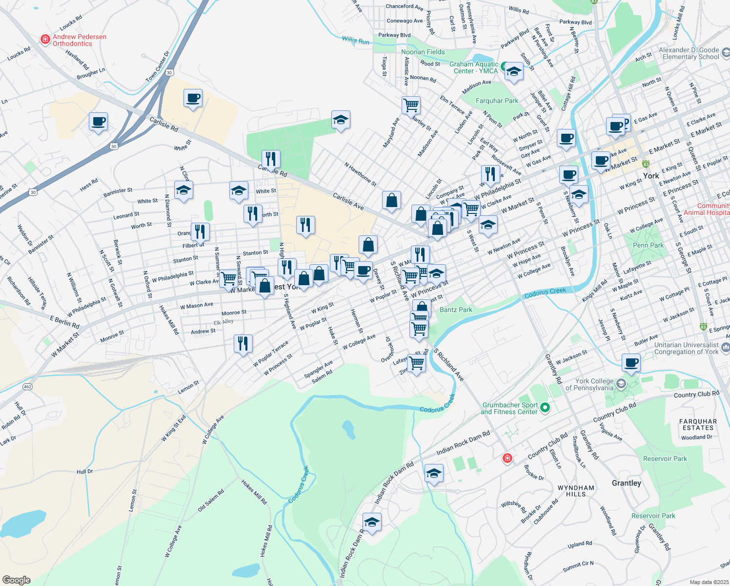 map of restaurants, bars, coffee shops, grocery stores, and more near 1208 West King Street in West York
