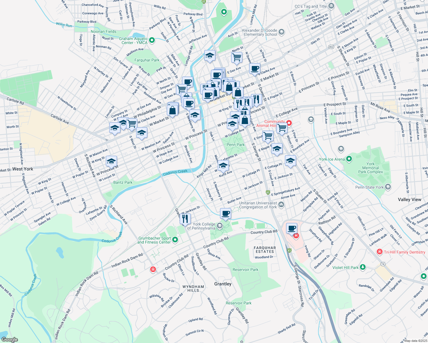 map of restaurants, bars, coffee shops, grocery stores, and more near 284 West Maple Street in York