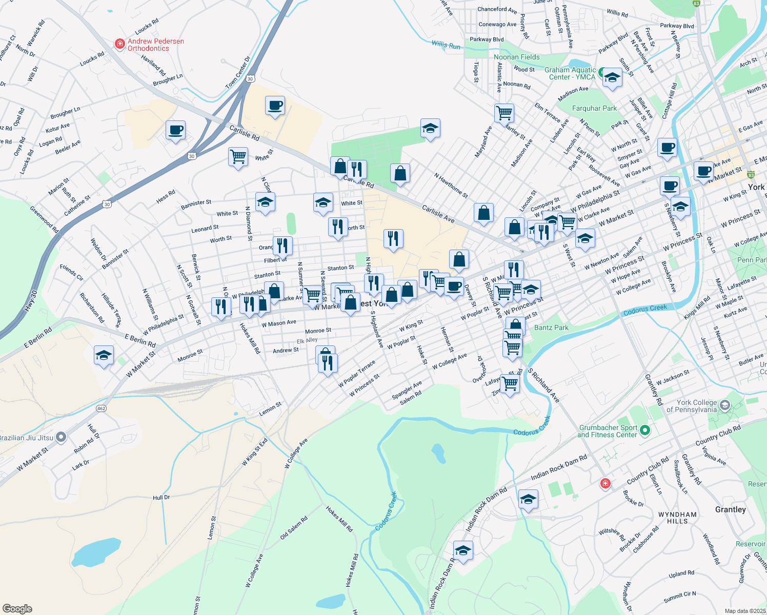 map of restaurants, bars, coffee shops, grocery stores, and more near 1344 West Market Street in York