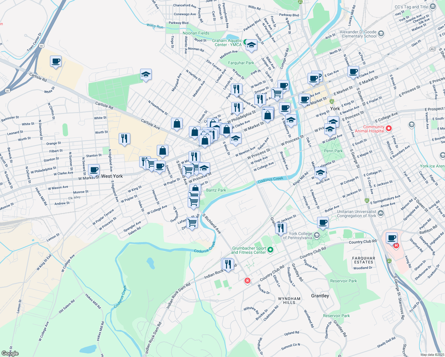 map of restaurants, bars, coffee shops, grocery stores, and more near 265 South Belvidere Avenue in York