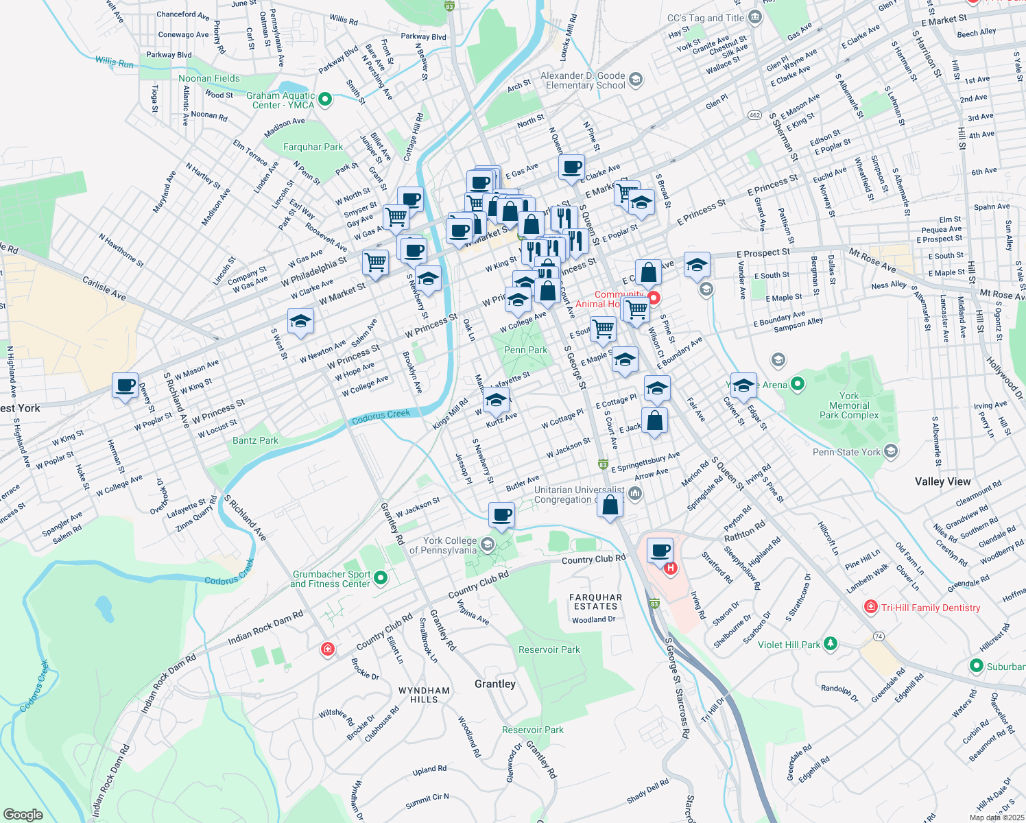 map of restaurants, bars, coffee shops, grocery stores, and more near 520 South Pershing Avenue in York