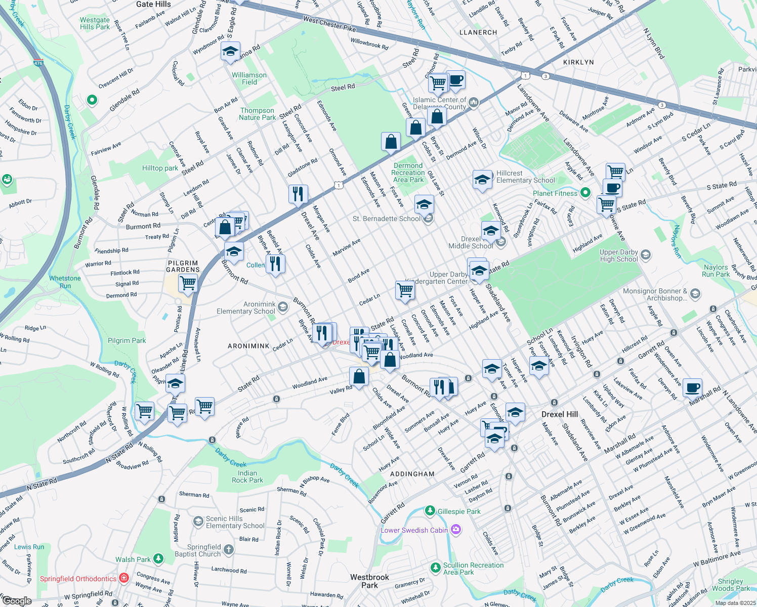 map of restaurants, bars, coffee shops, grocery stores, and more near 836 Lindale Avenue in Drexel Hill