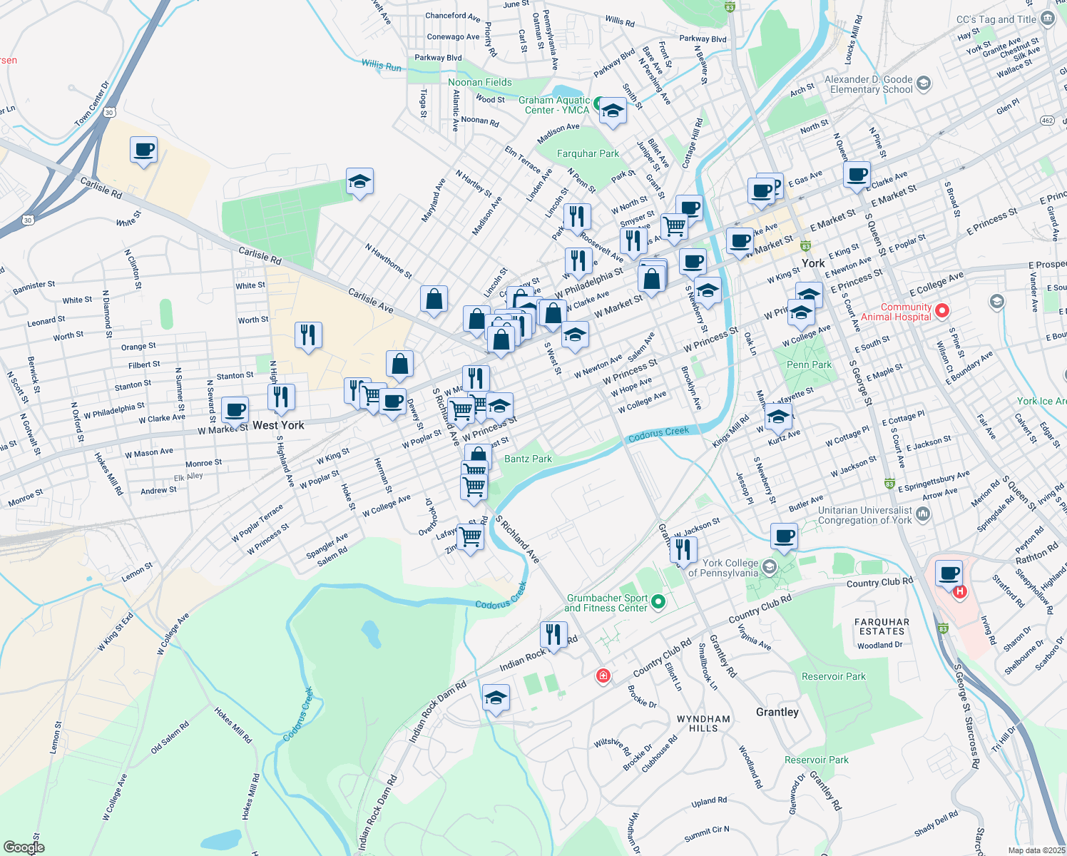 map of restaurants, bars, coffee shops, grocery stores, and more near 256 South Belvidere Avenue in York