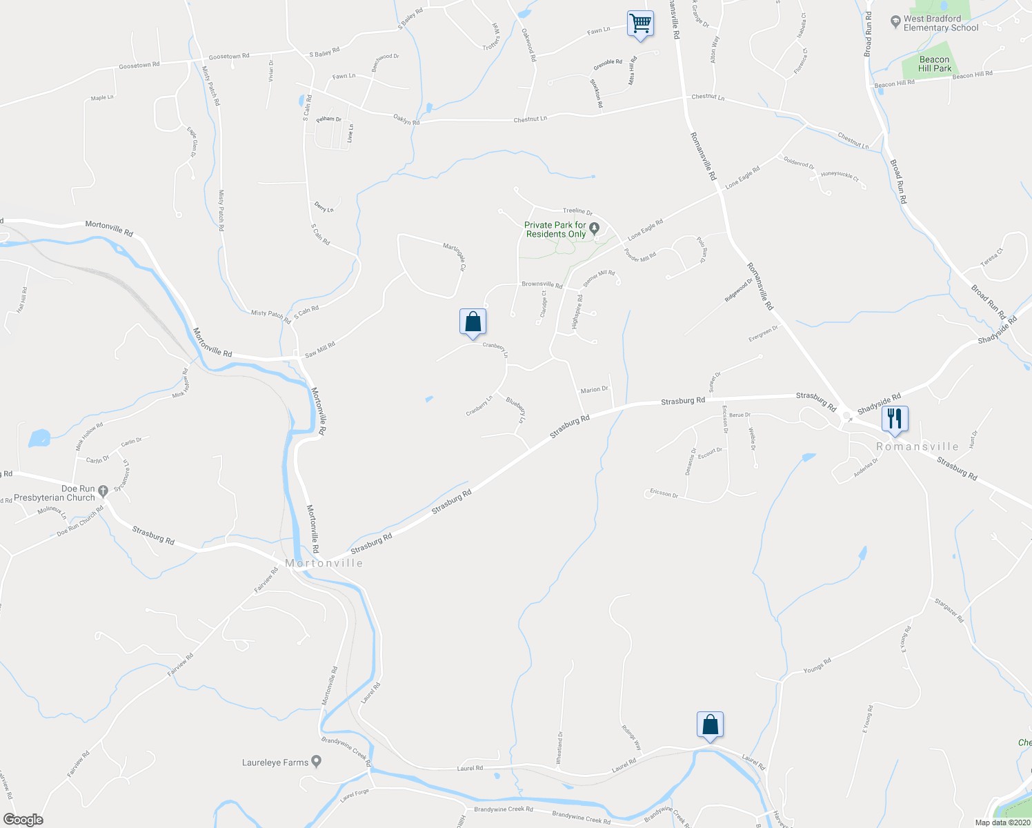 map of restaurants, bars, coffee shops, grocery stores, and more near 1106 Blueberry Lane in Coatesville