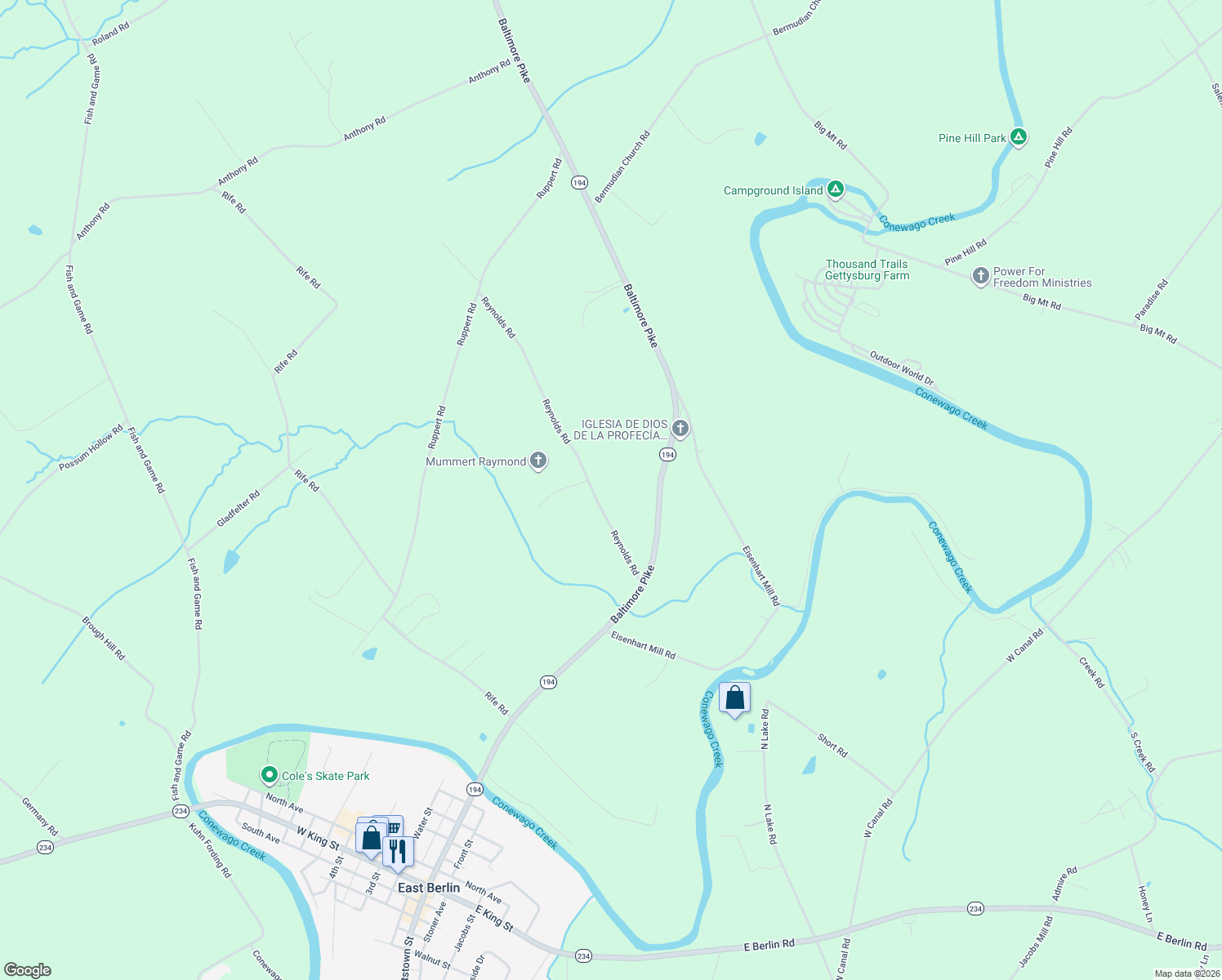 map of restaurants, bars, coffee shops, grocery stores, and more near 79 Reynolds Road in East Berlin
