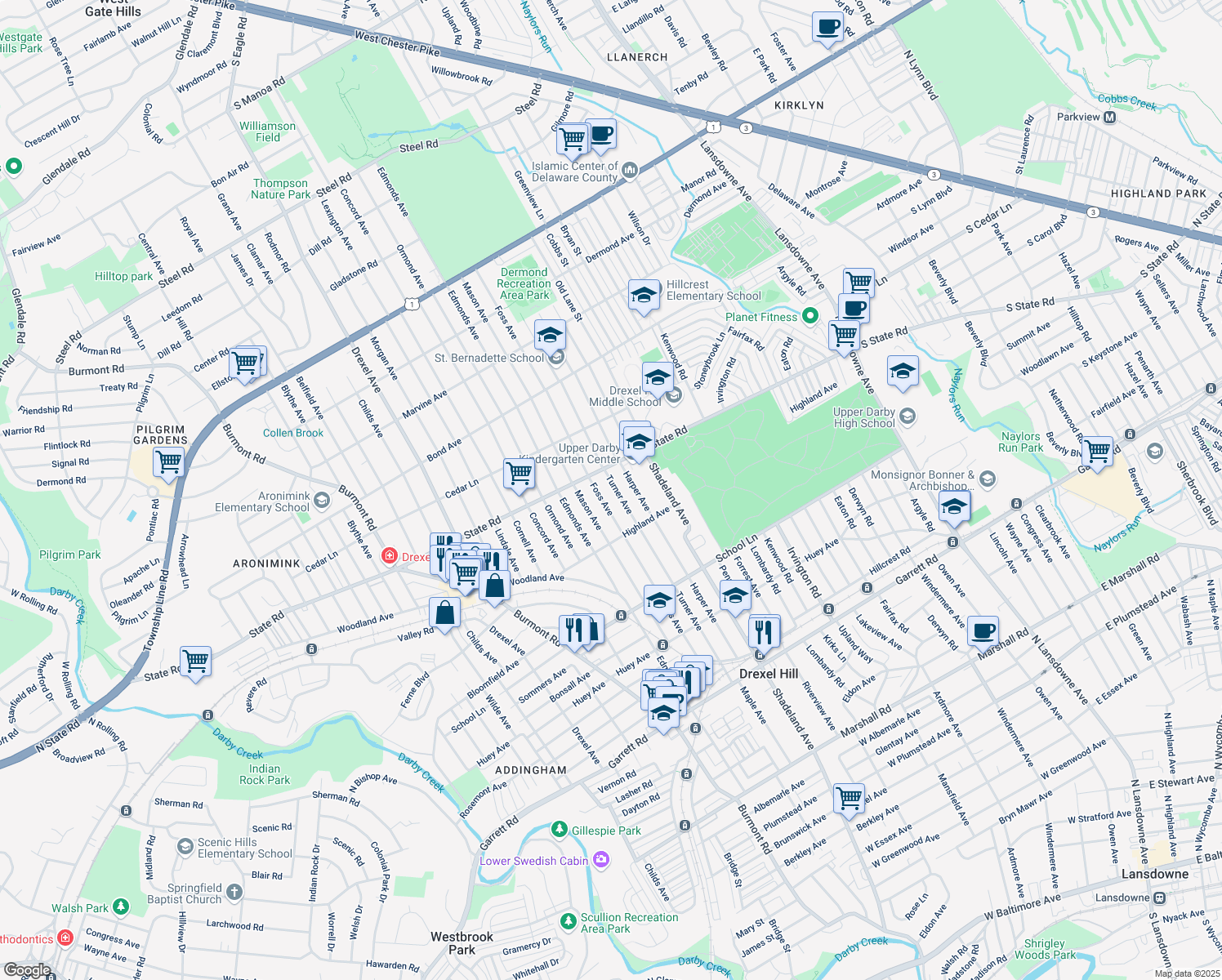 map of restaurants, bars, coffee shops, grocery stores, and more near 746 Turner Avenue in Drexel Hill