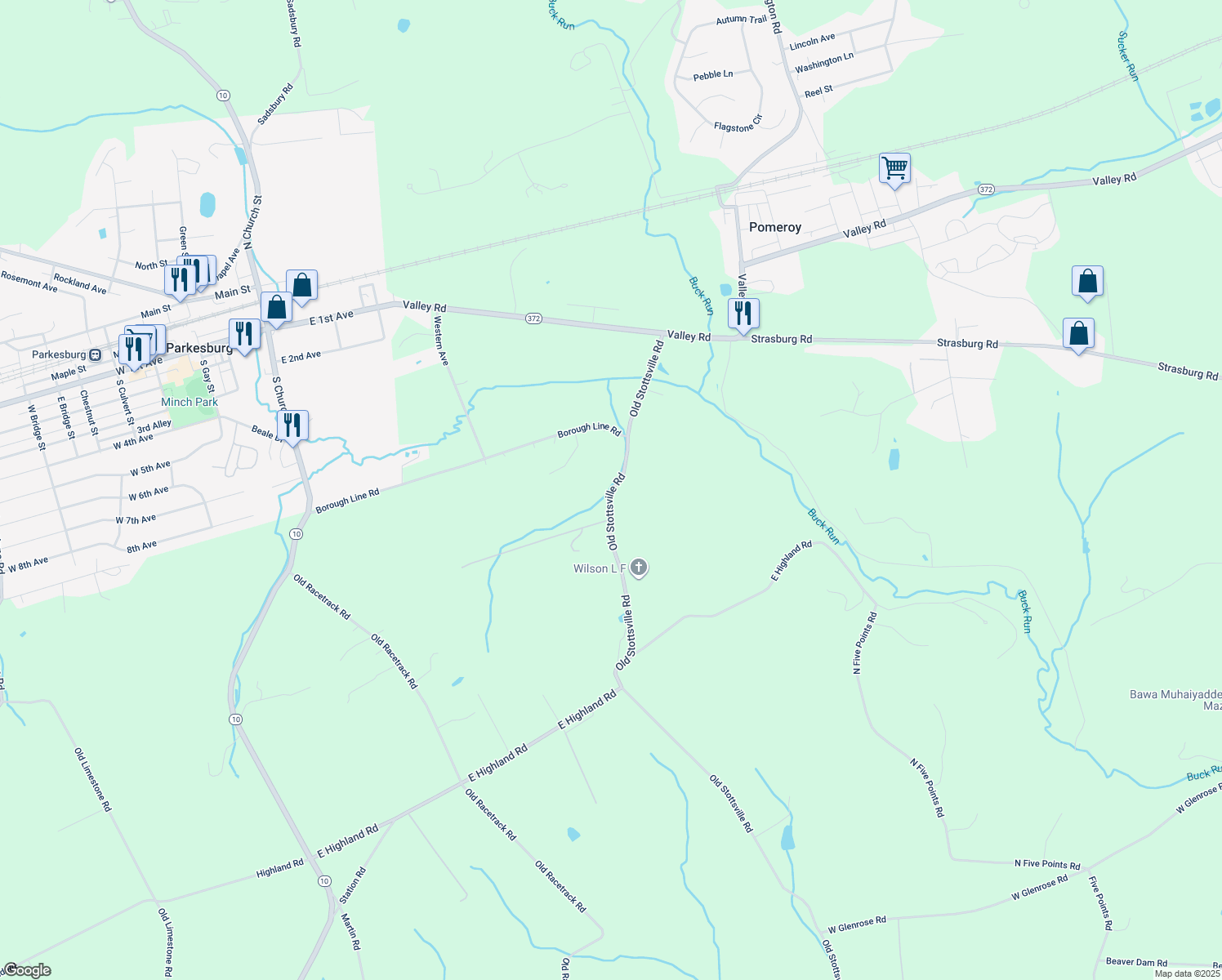 map of restaurants, bars, coffee shops, grocery stores, and more near 454 Old Stottsville Road in Parkesburg