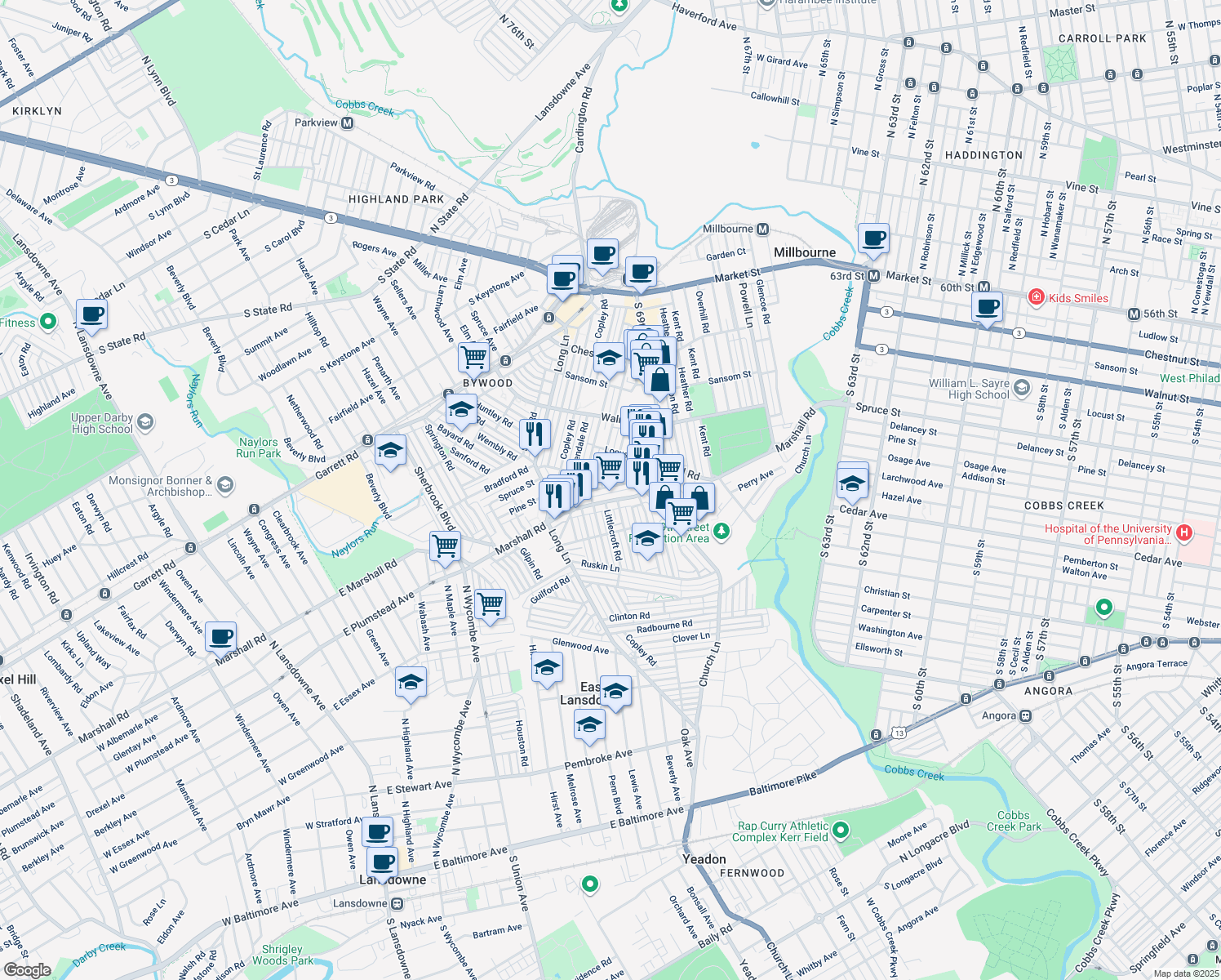 map of restaurants, bars, coffee shops, grocery stores, and more near 7048 Veronica Road in Upper Darby