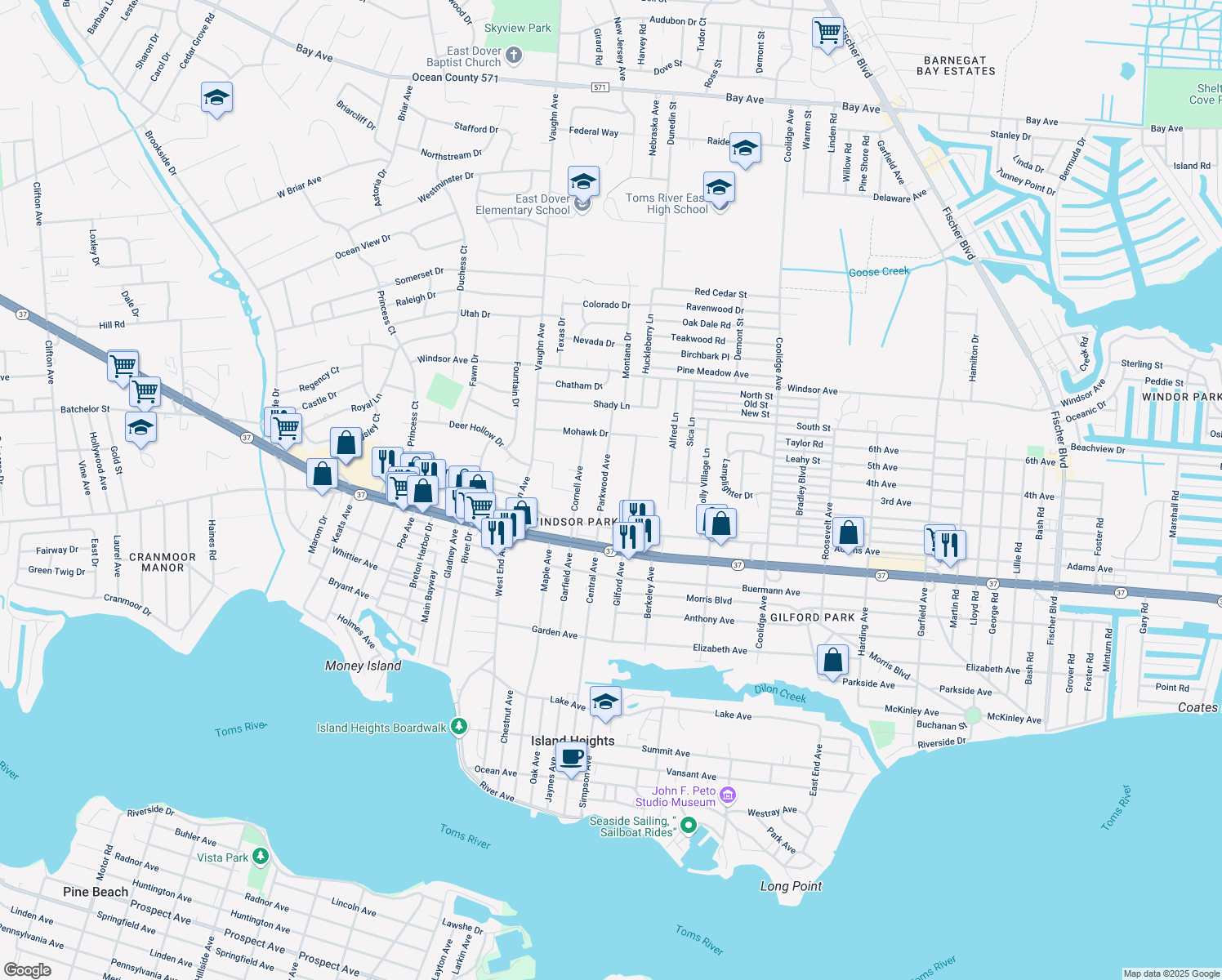 map of restaurants, bars, coffee shops, grocery stores, and more near 531 Parkwood Avenue in Toms River