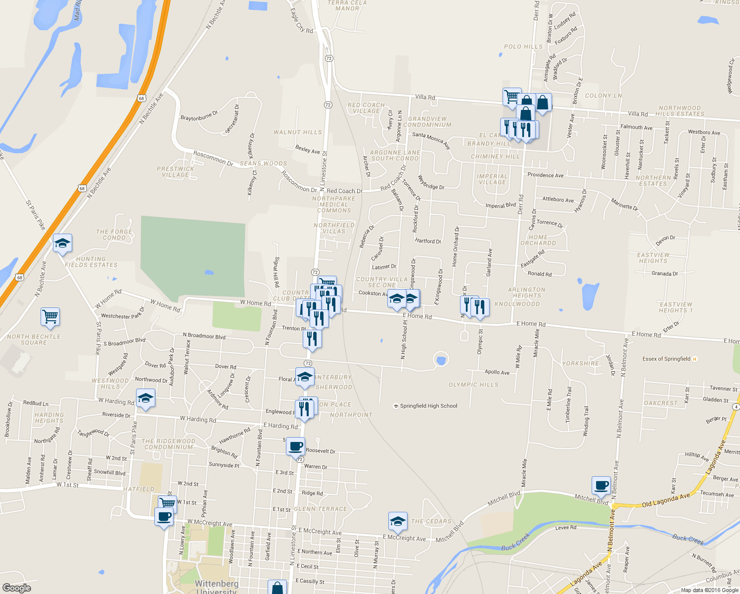 map of restaurants, bars, coffee shops, grocery stores, and more near 2332 Lilac Drive in Springfield