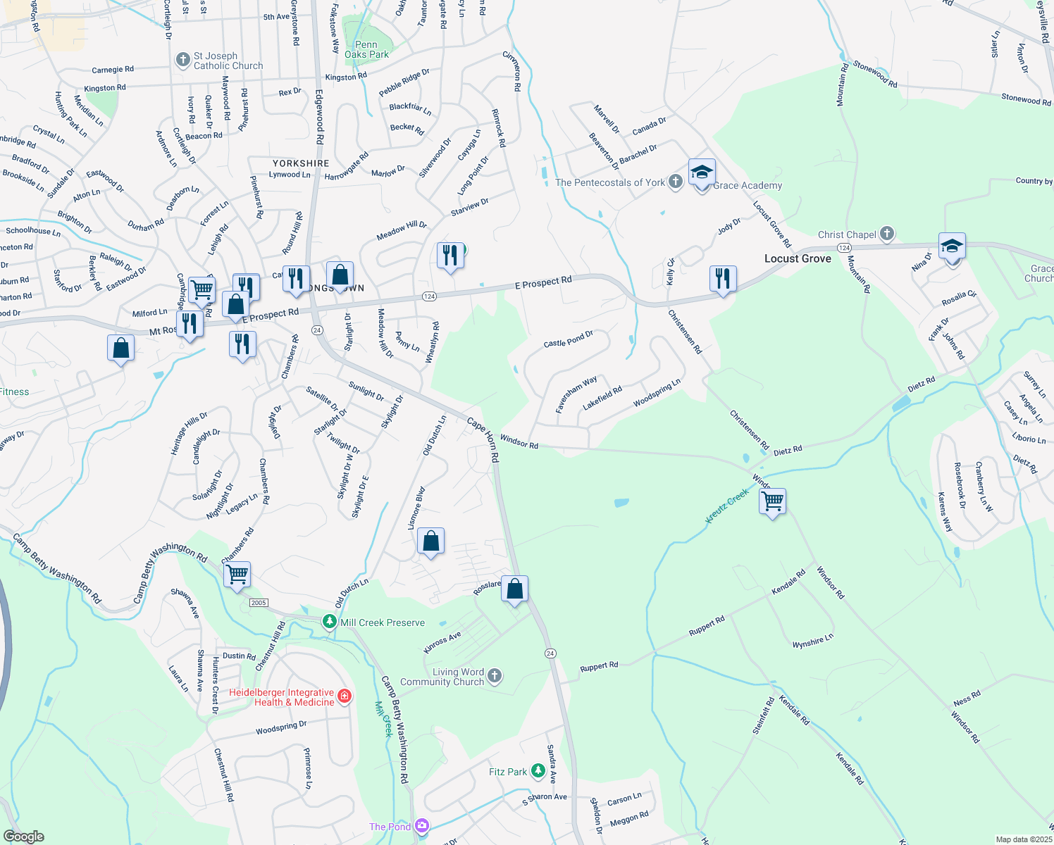 map of restaurants, bars, coffee shops, grocery stores, and more near 906 Castle Pond Drive in York